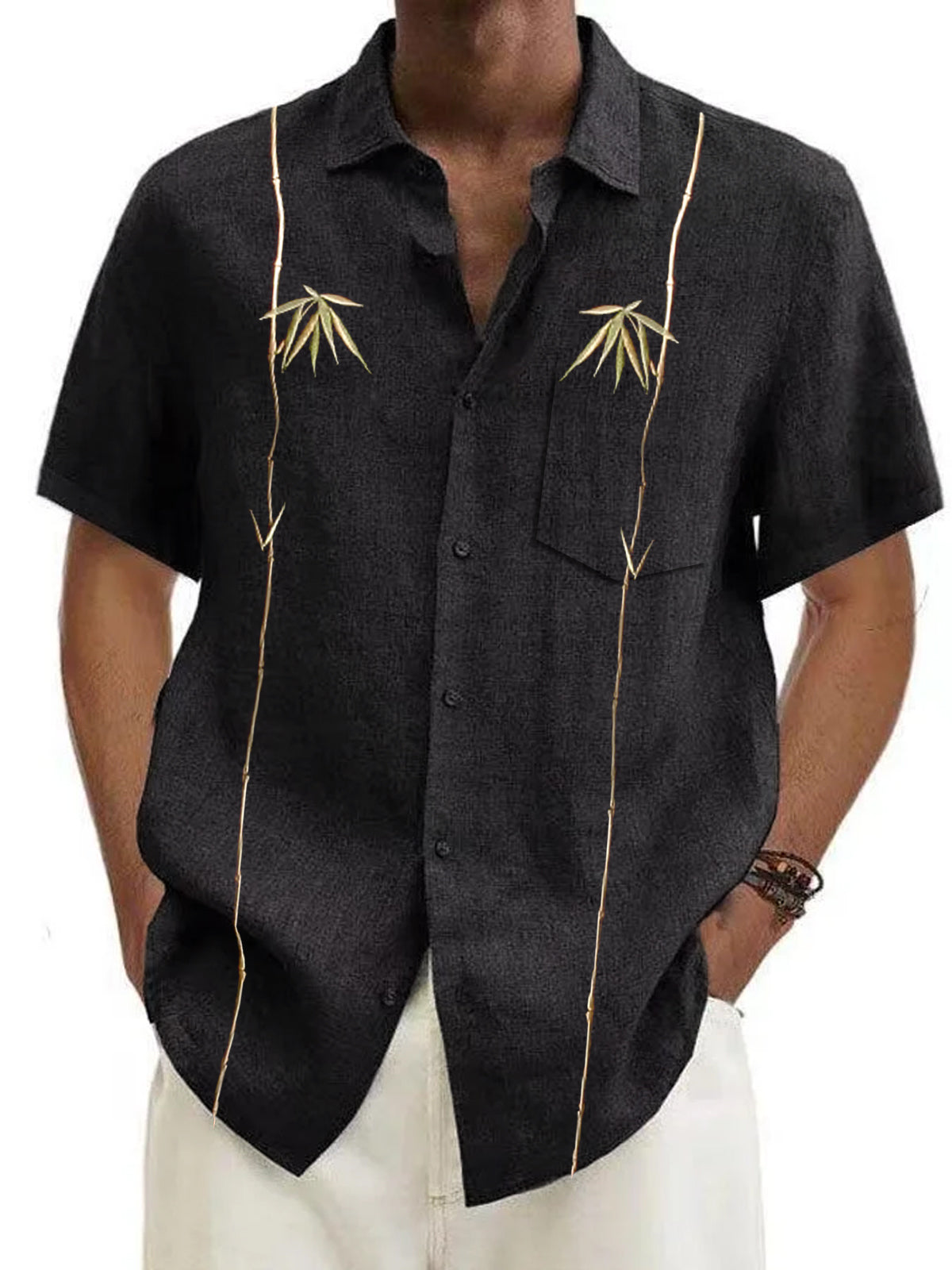 Casual Art Vintage Linen Bamboo Short Sleeve Men's Shirts With Pocket