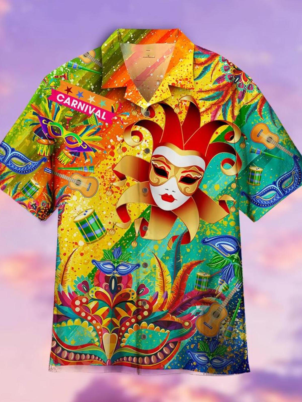 Mardi Gras Mask Hawaiian Men's Cuban Collar Short Sleeve Shirt