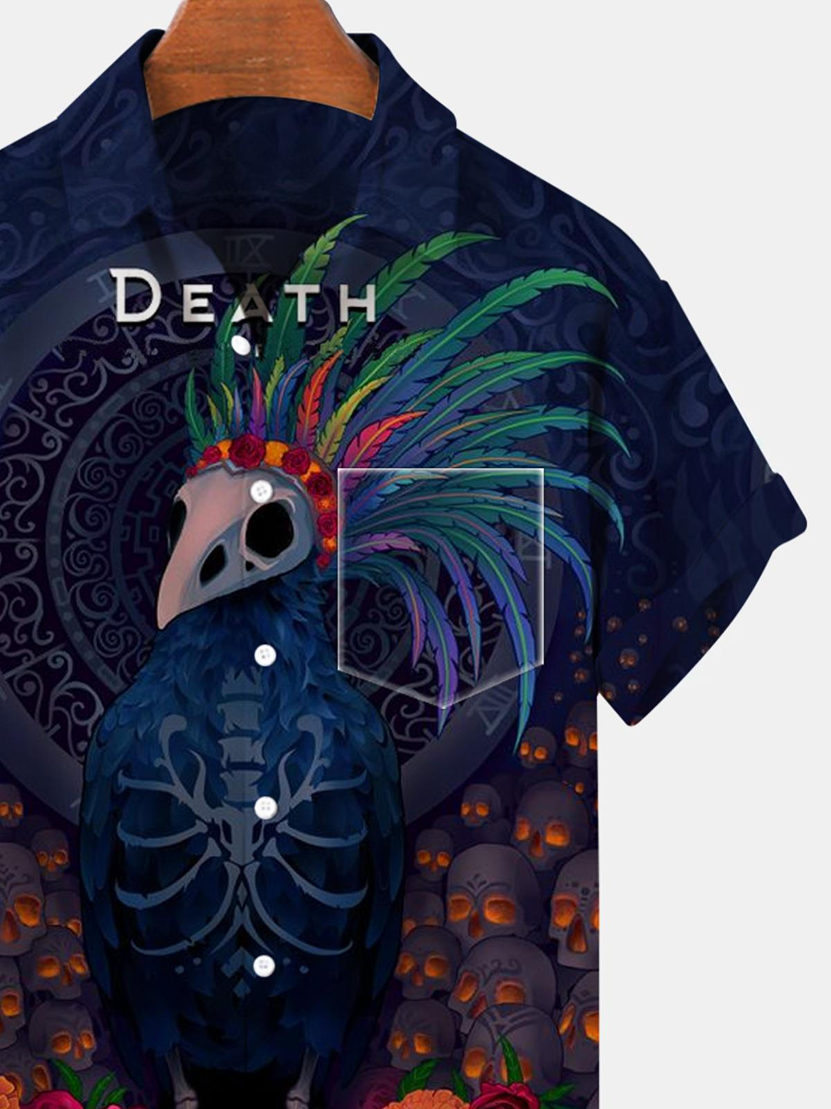 Darkness Skull Bird Short Sleeve Men's Shirts With Pocket