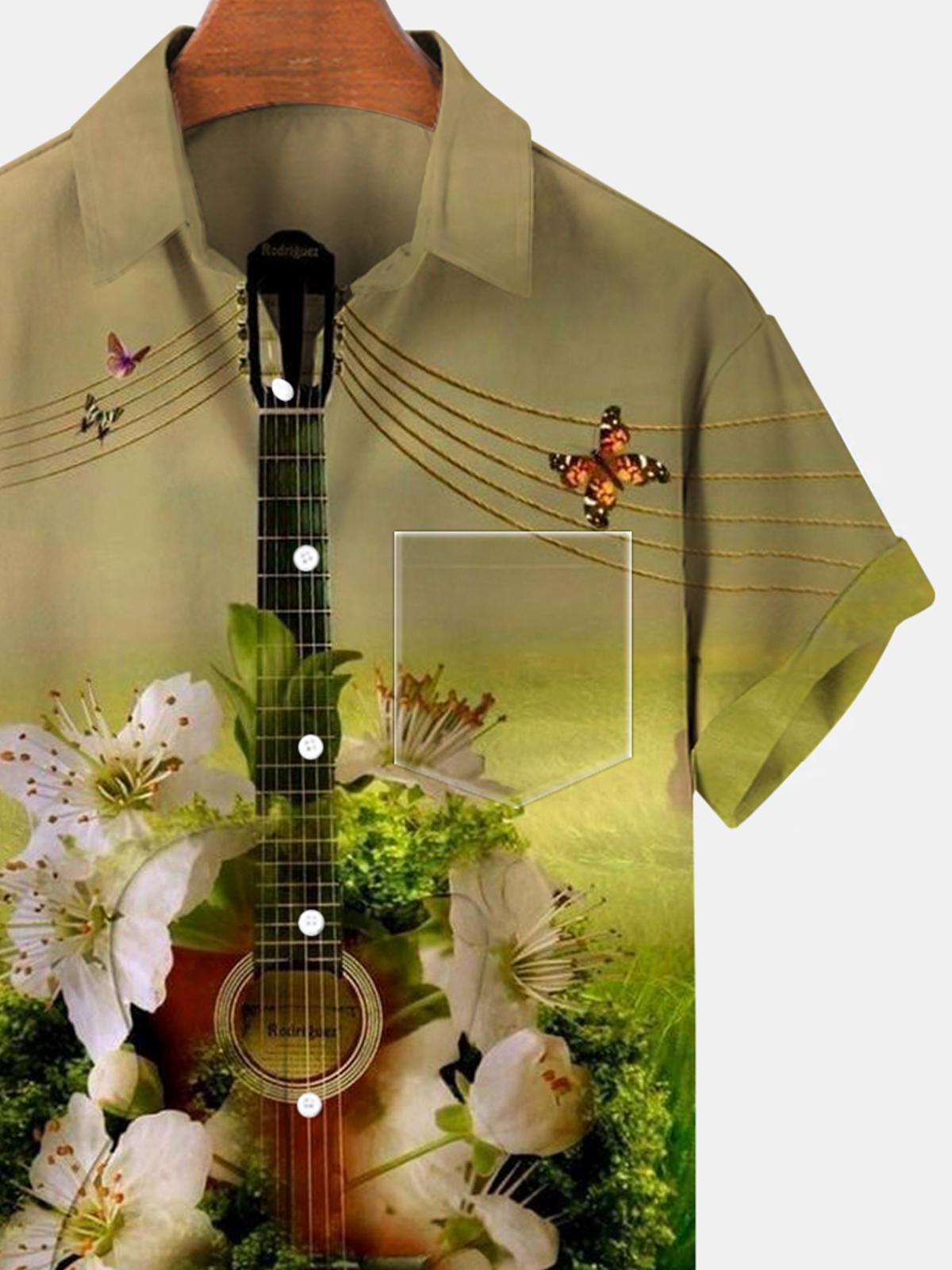 Guitar Flower Butterfly Short Sleeve Men's Shirts With Pocket