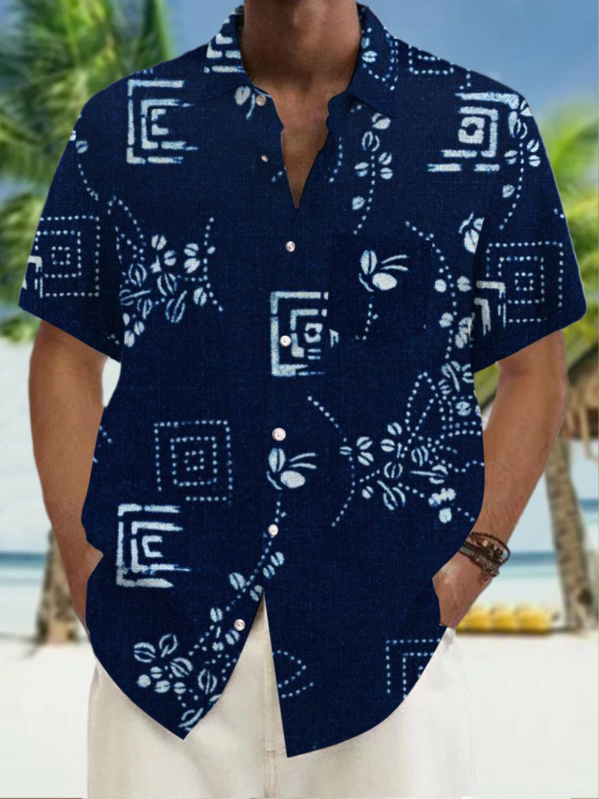 Geometric Floral Print Short Sleeve Men's Shirts With Pocket