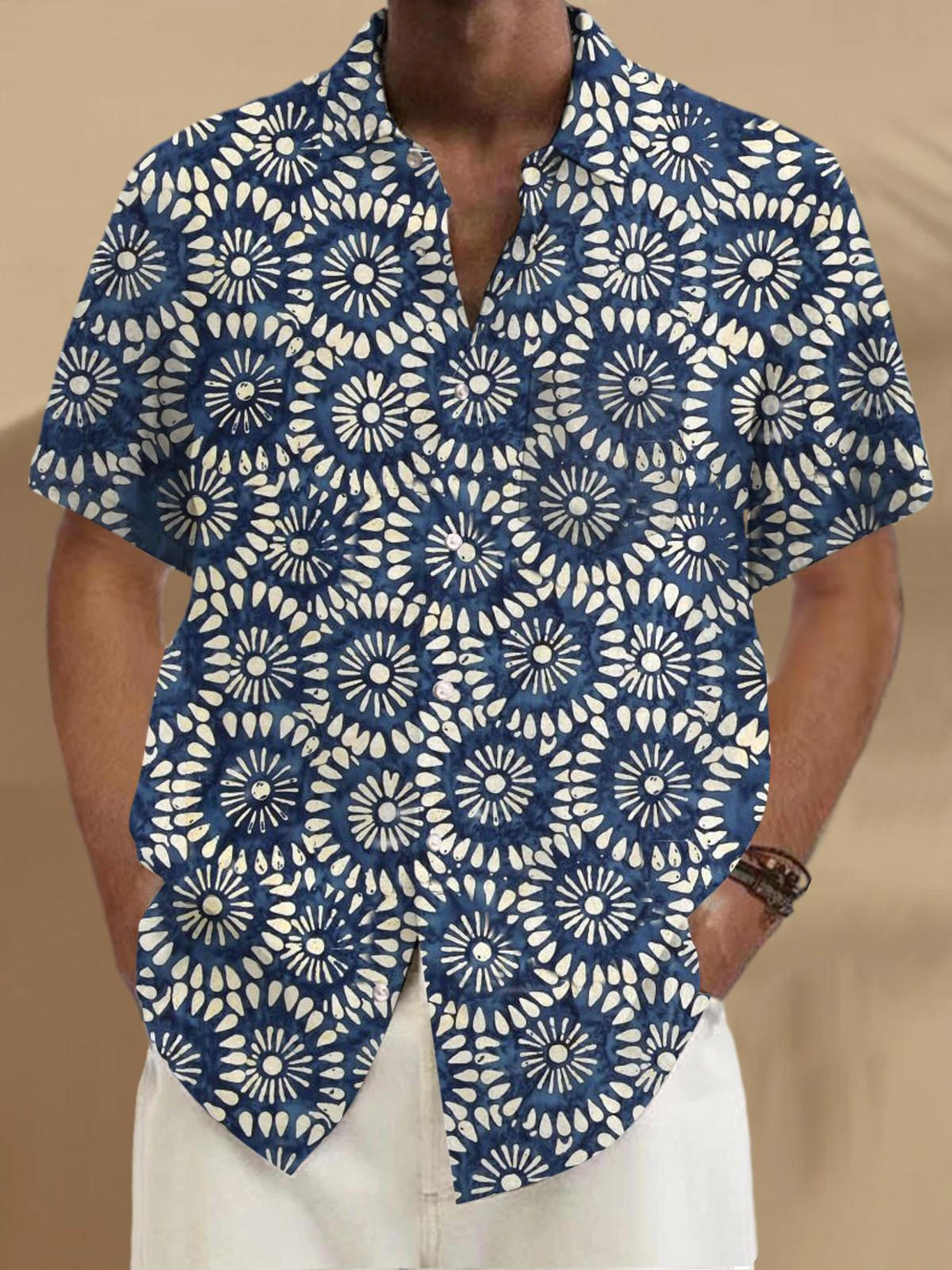 Flower Short Sleeve Men's Shirts With Pocket