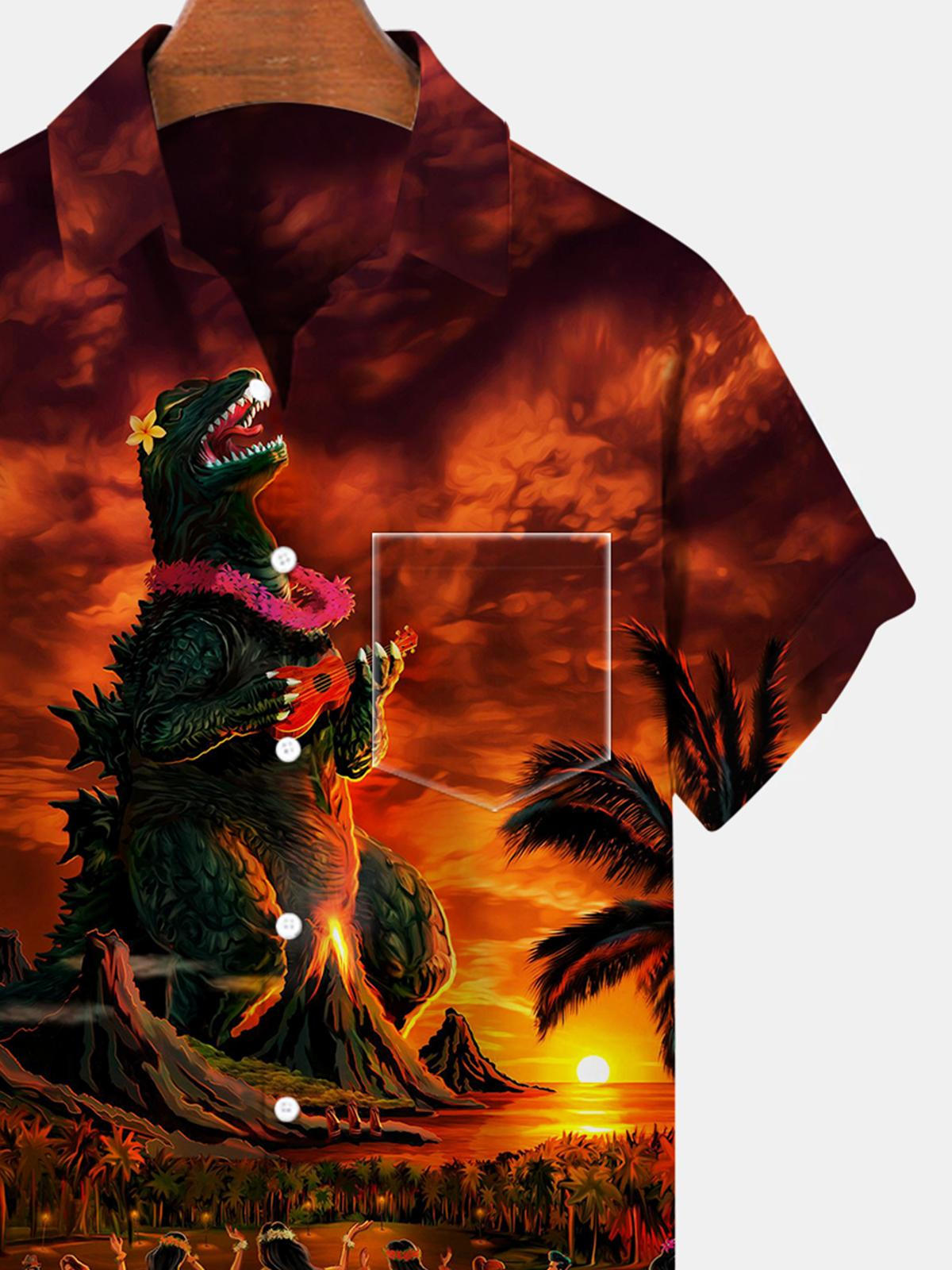 Dinosaur Guitar Short Sleeve Men's Shirts With Pocket