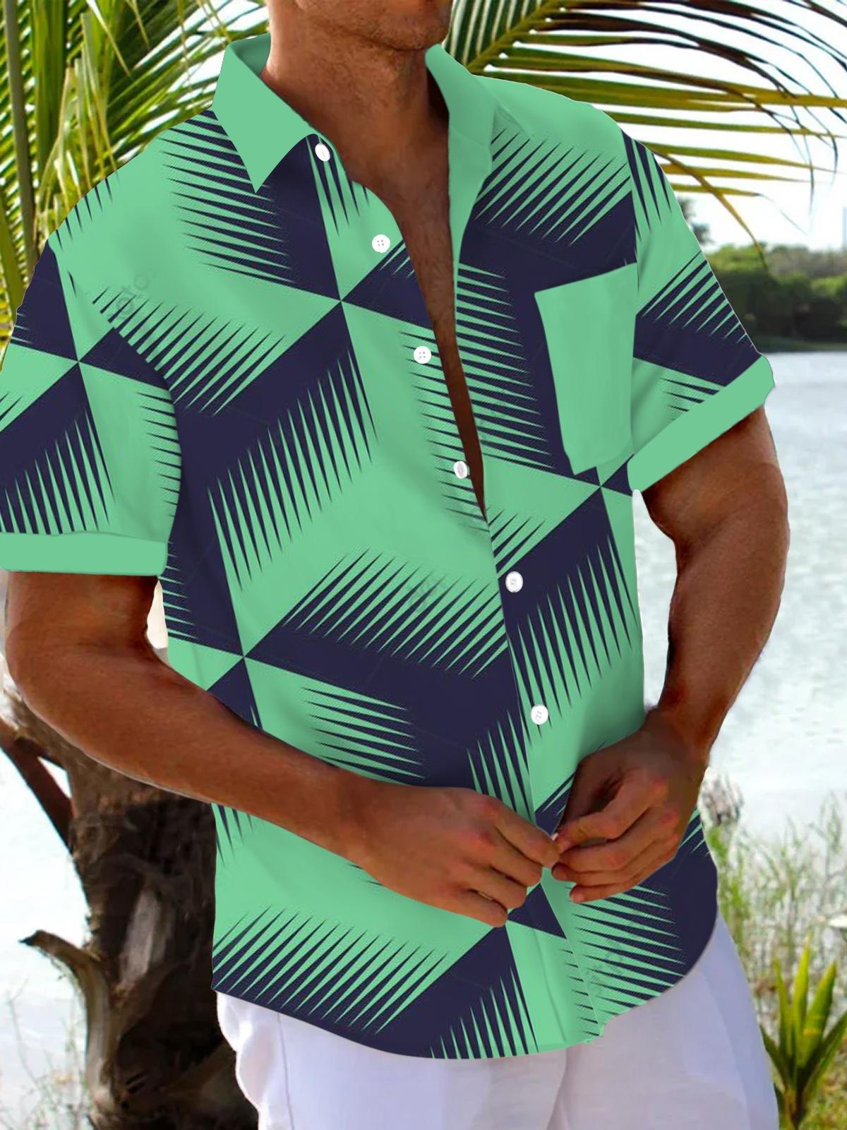 Geometric Print Short Sleeve Men's Shirts With Pocket