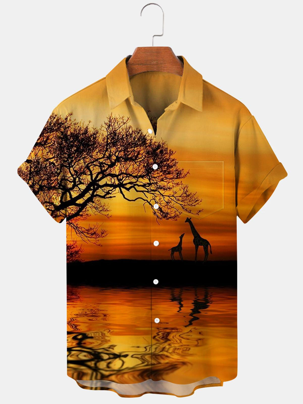 Fall Giraffe Sunset Men's Shirts With Pocket