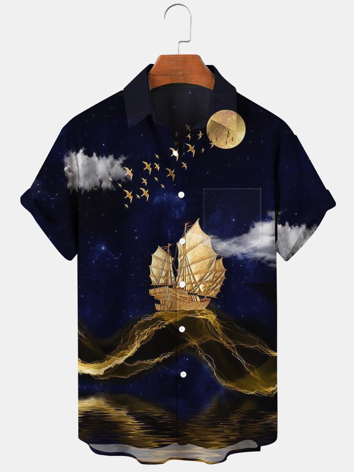 Ocean Boat Moon Men's Shirts With Pocket