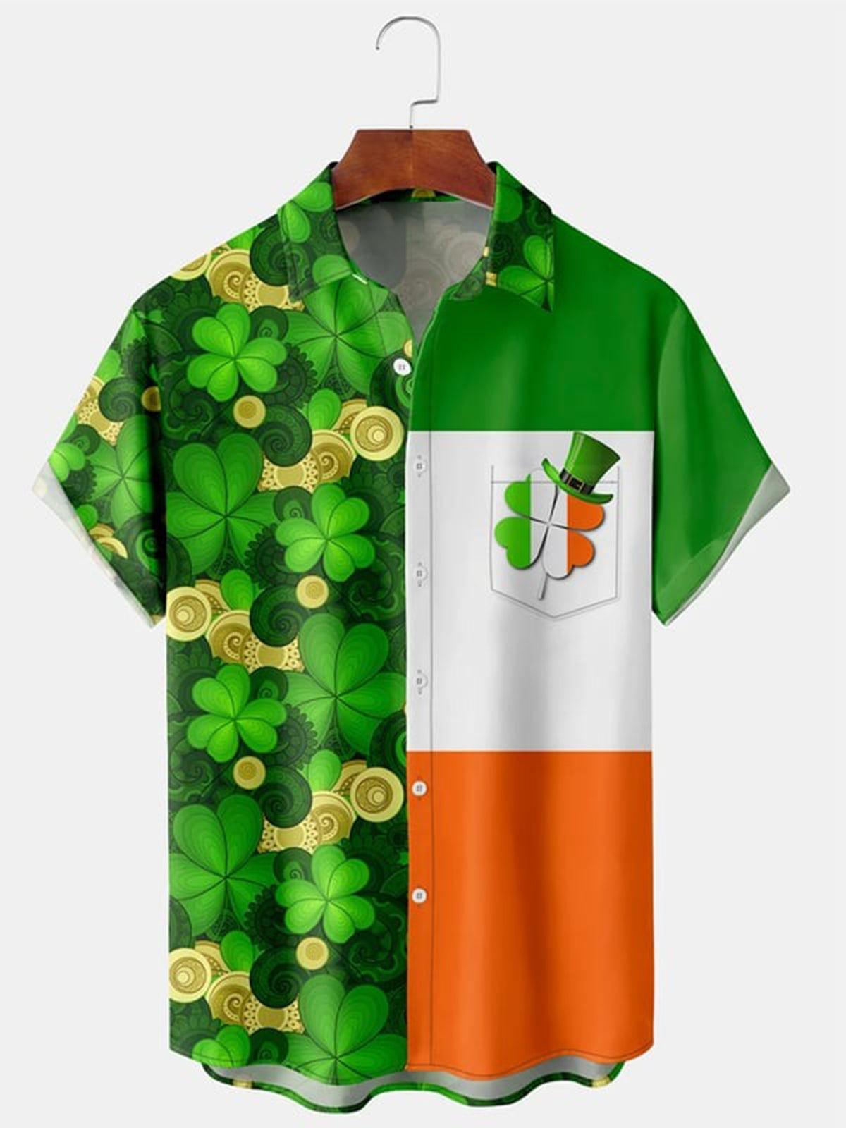 St. Patrick's Day Kleeblatt bedruckt Hawaiian Kurzarm Herrenhemden mit Tasche