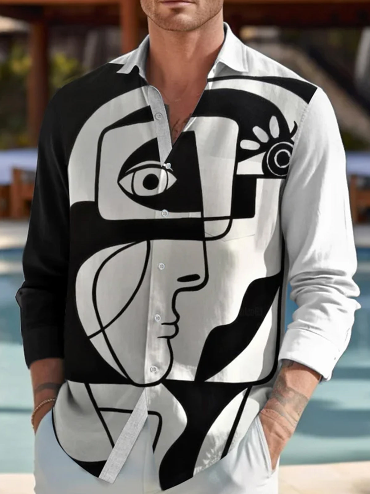 Trendy Casual Artistic Portrait Print Long Sleeve Shirt