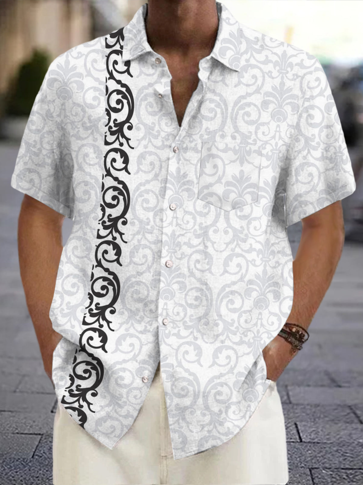 Retro Pattern Print Short Sleeve Men's Shirts With Pocket