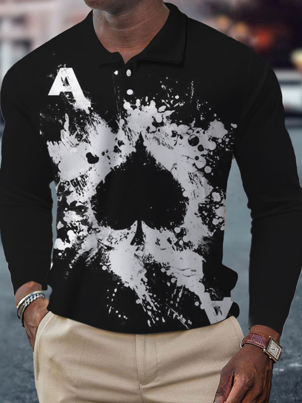 Playing Card Print Men's Long Sleeve Button Polo