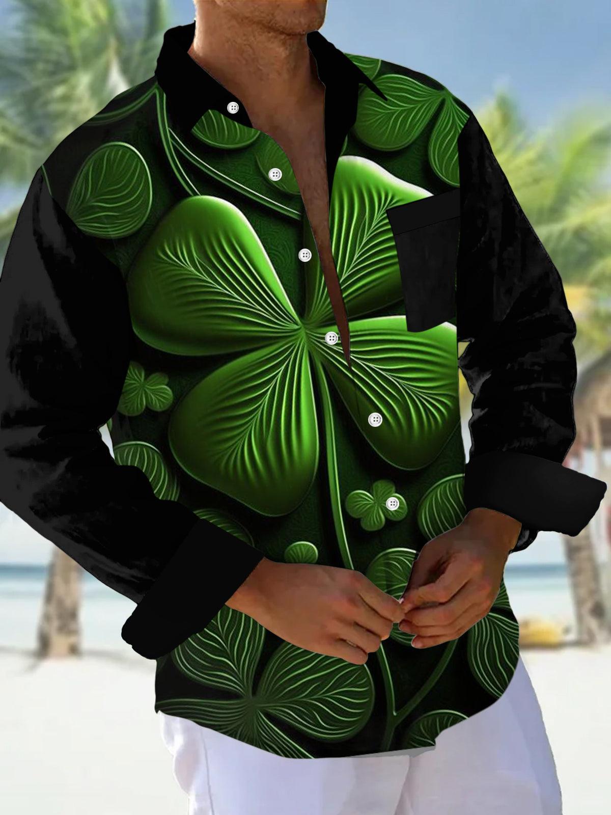 St. Patrick's Day Shamrock Print Men's Long Sleeve Lapel Shirt