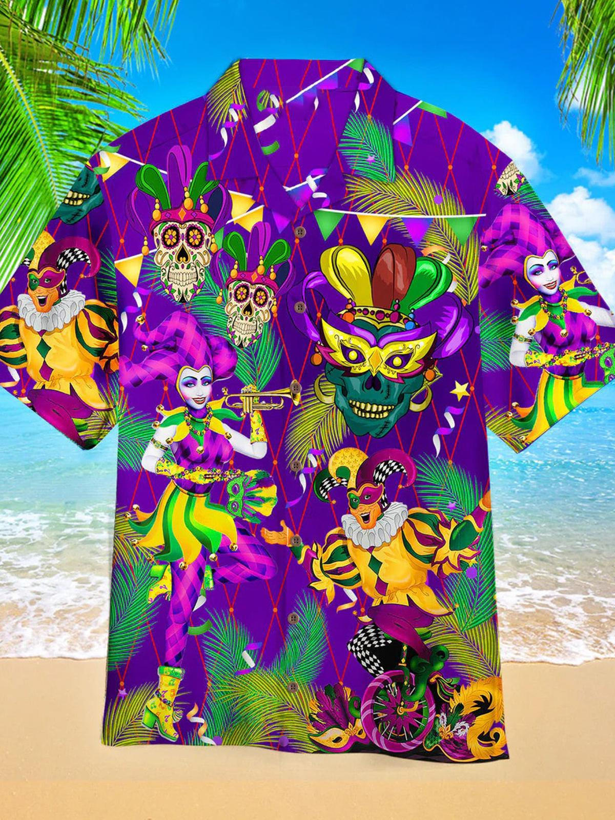 Mardi Gras Mask Hawaiian Men's Cuban Collar Short Sleeve Shirt