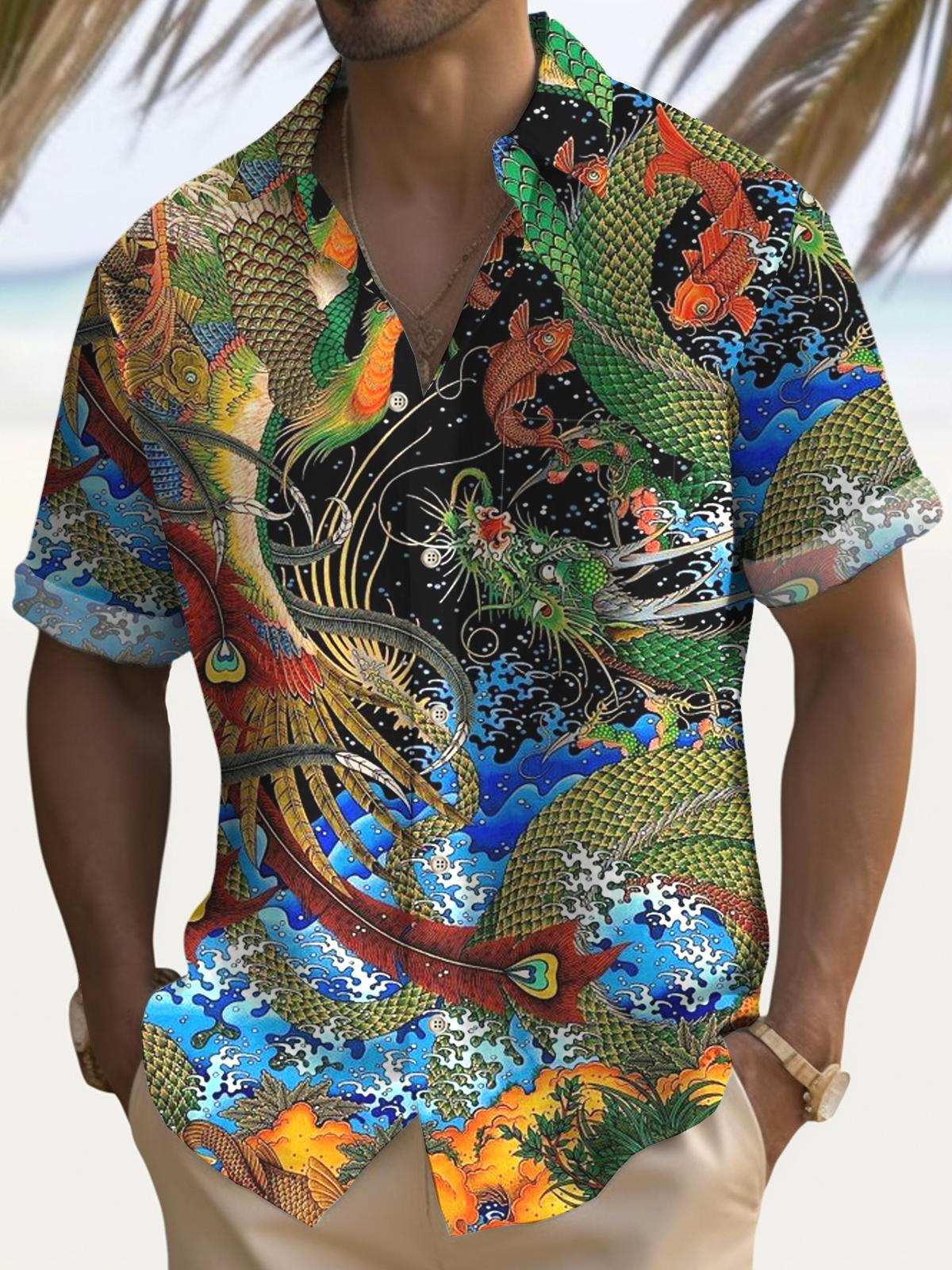 Japanese Ukiyo-E Dragon Hawaiian Short Sleeve Men's Shirts With Pocket