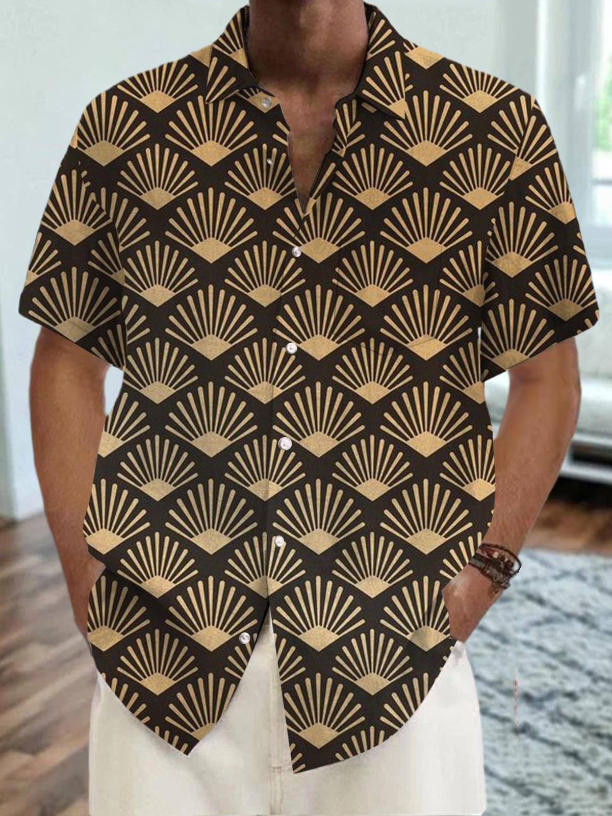 Gold Graphic Print Short Sleeve Men's Shirts With Pocket