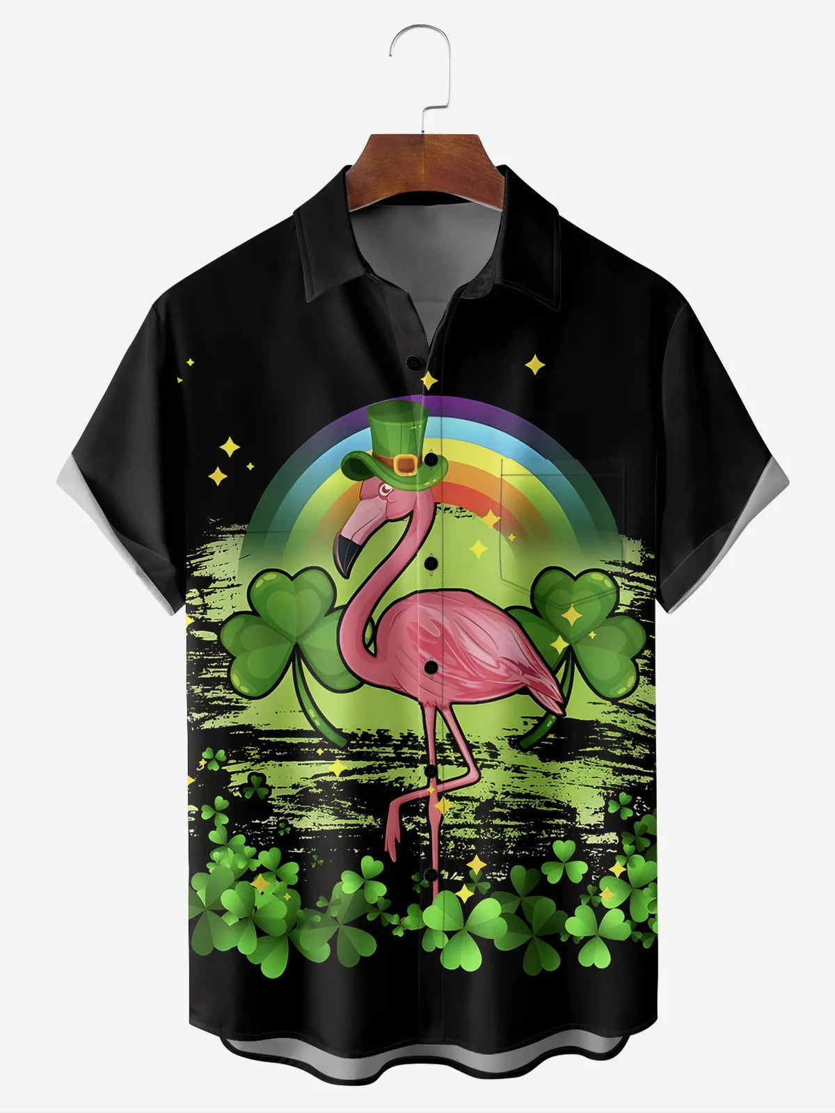 St. Patrick's Day Kleeblatt Flamingo Kurzarm Herrenhemden mit Tasche