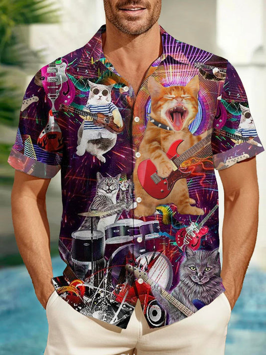 Hippie Cat Guitar Music Short Sleeve Men's Shirts With Pocket