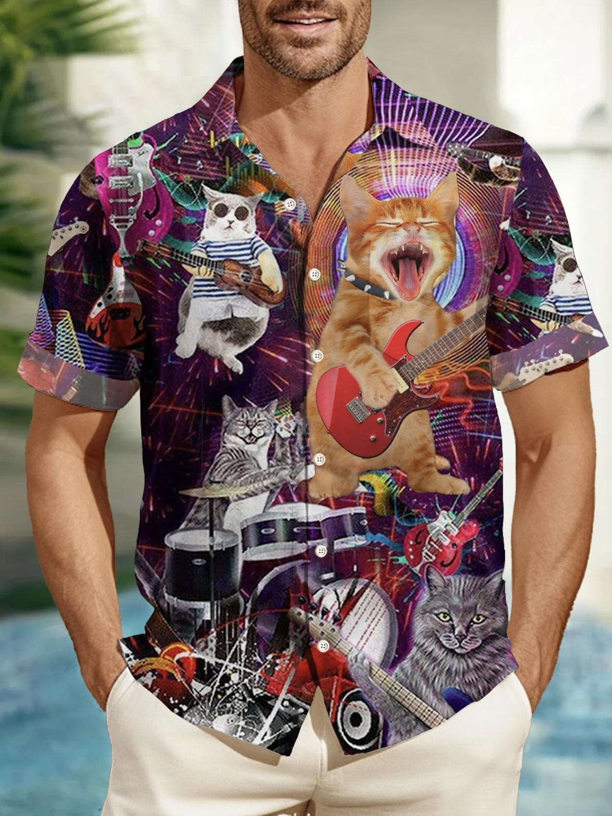 Hippie Cat Guitar Music Short Sleeve Men's Shirts With Pocket