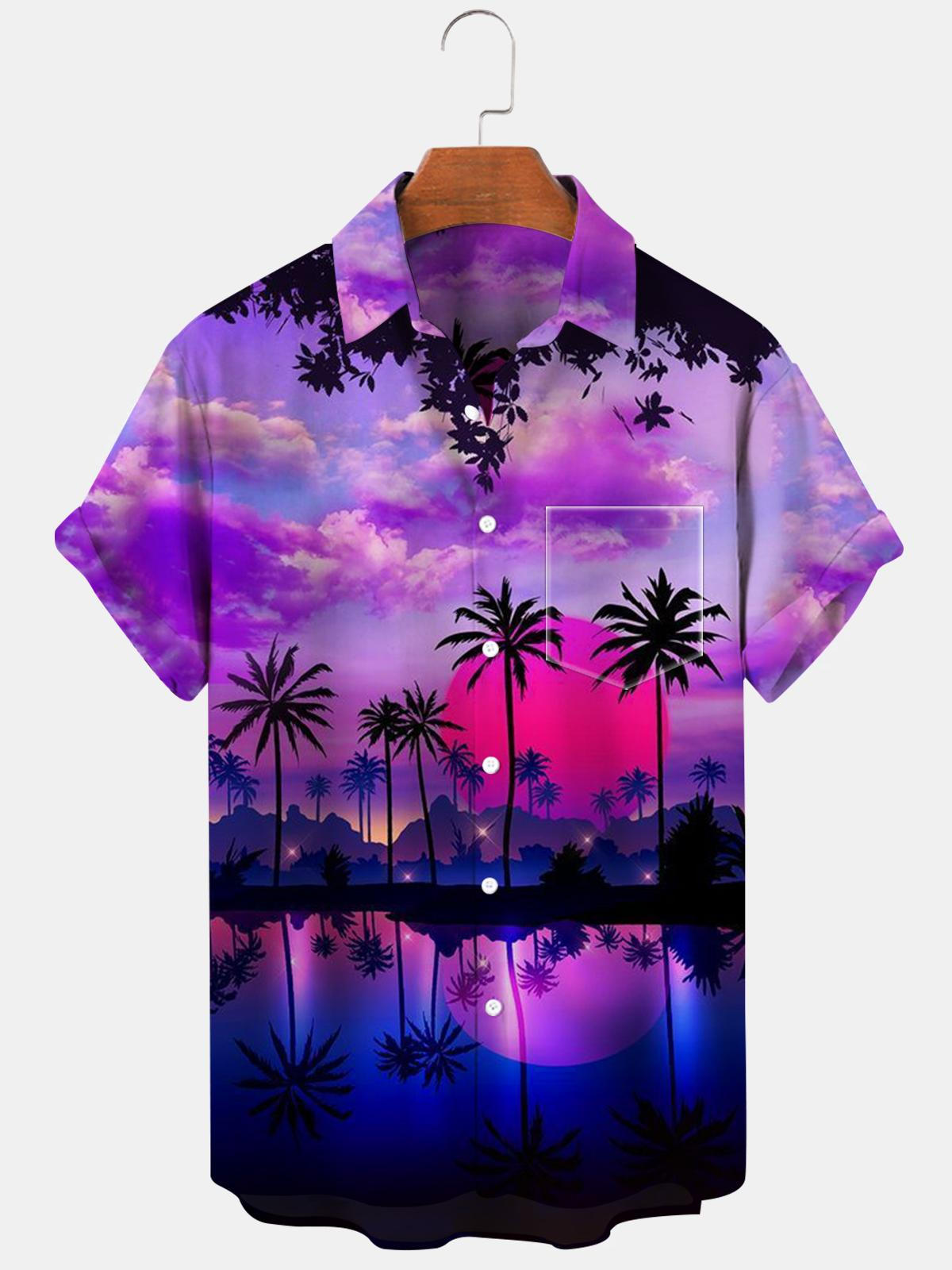 Coconut Tree Sunset Kurzarm Herrenhemden mit Tasche