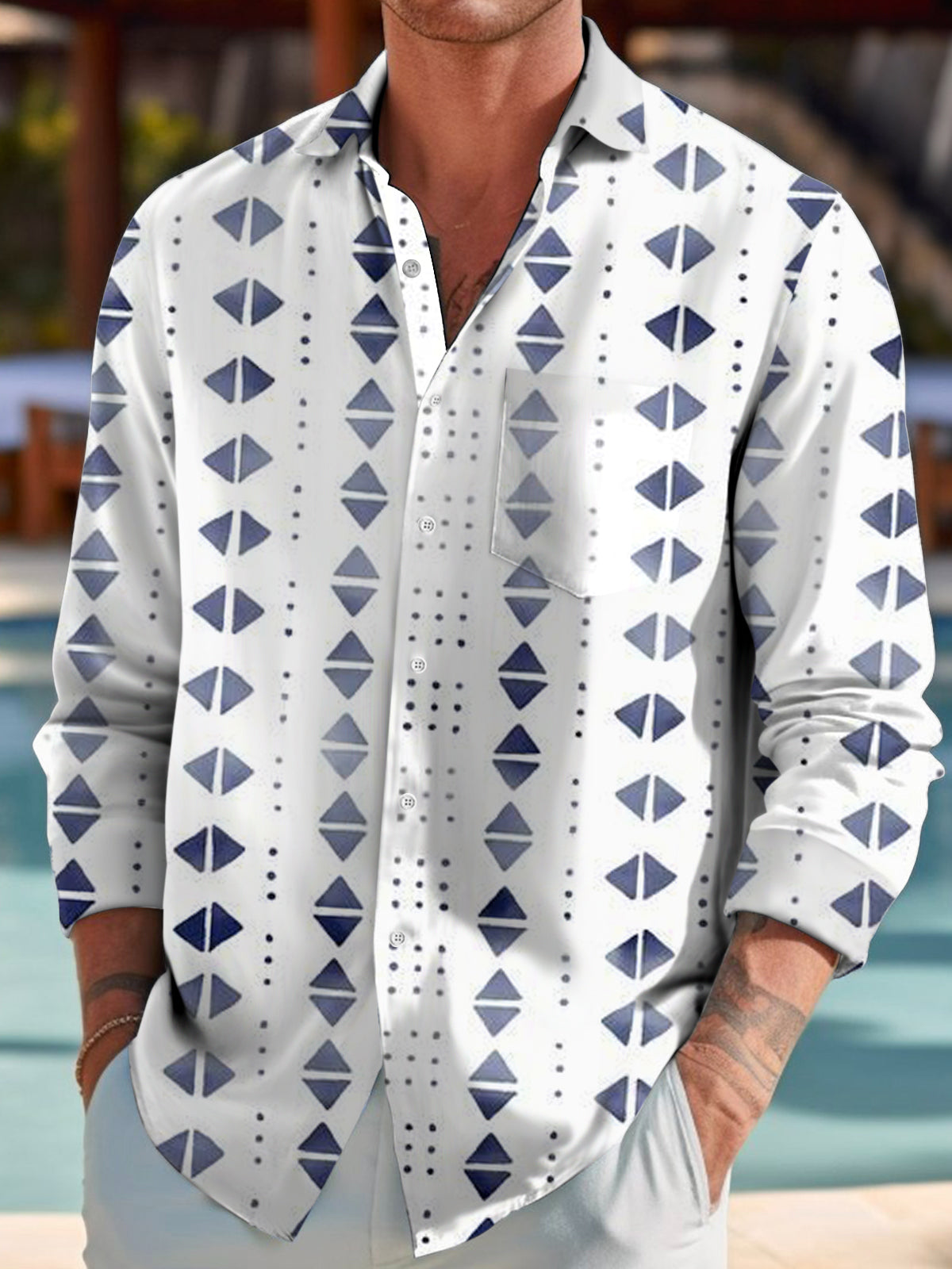 Geometric Print Long Sleeve Men's Shirts With Pocket