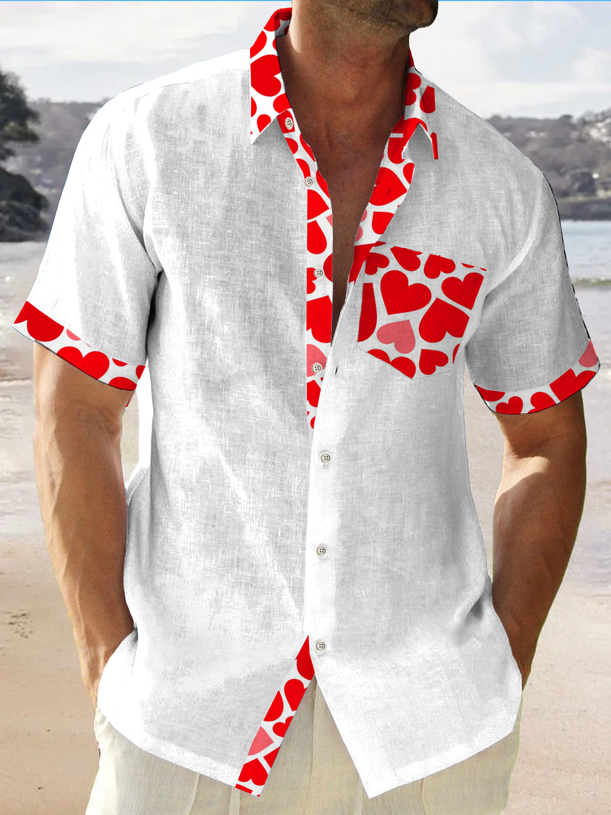 Linen Valentine's Day Love Festival Short Sleeve Men's Shirts With Pocket