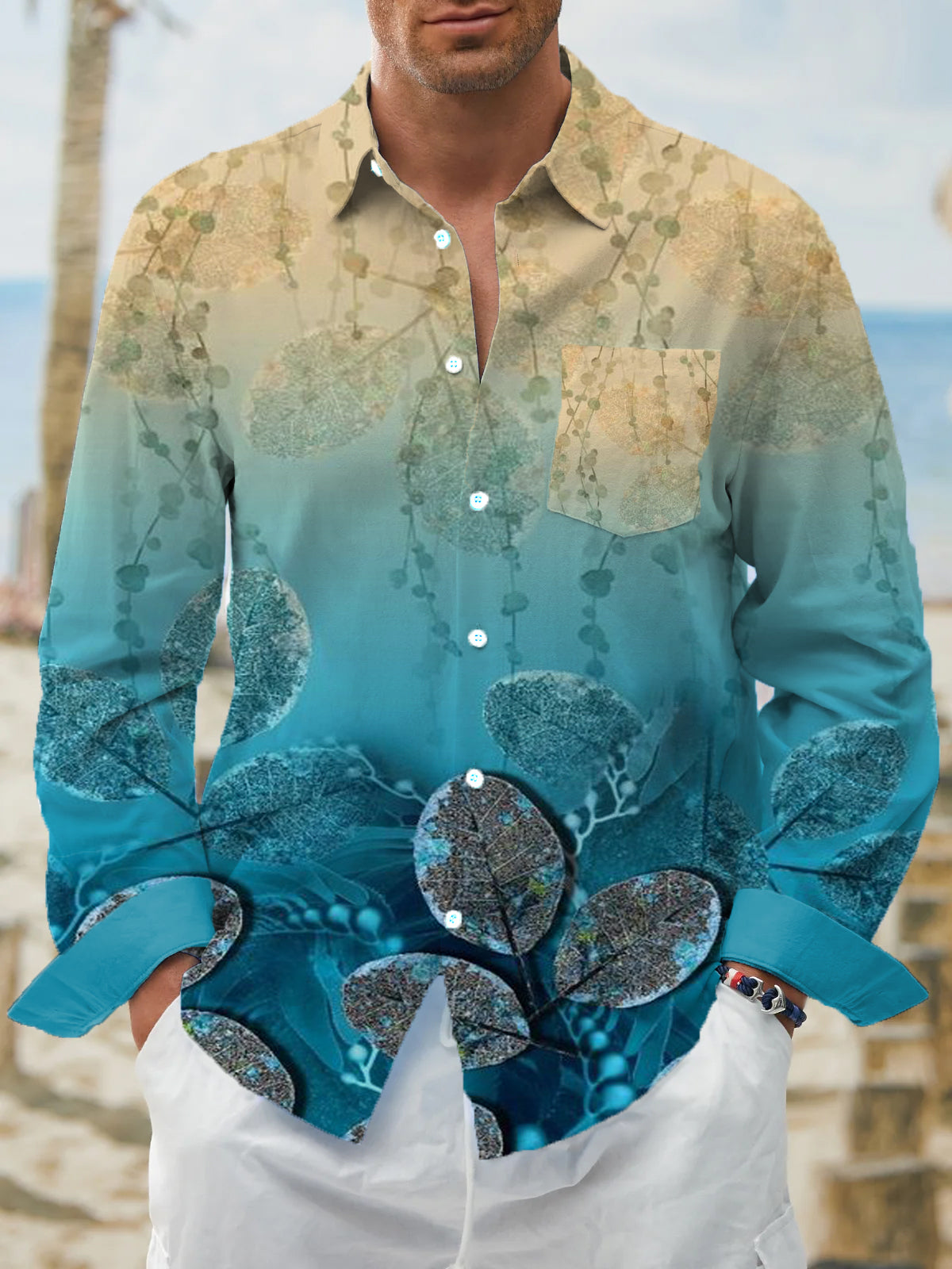 Retro Ombre Botanical Print Men's Long Sleeve Shirt