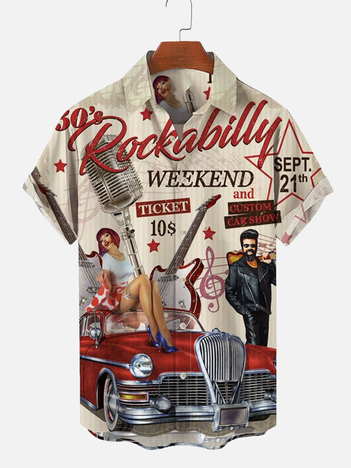 Casual Hawaiian Rockabilly Music Car Printing Short Sleeve Men's Shirts With Pocket