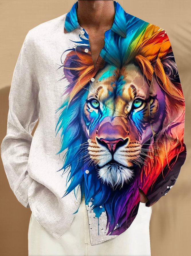 Men's Lion Print Button Pocket Long Sleeve Shirt