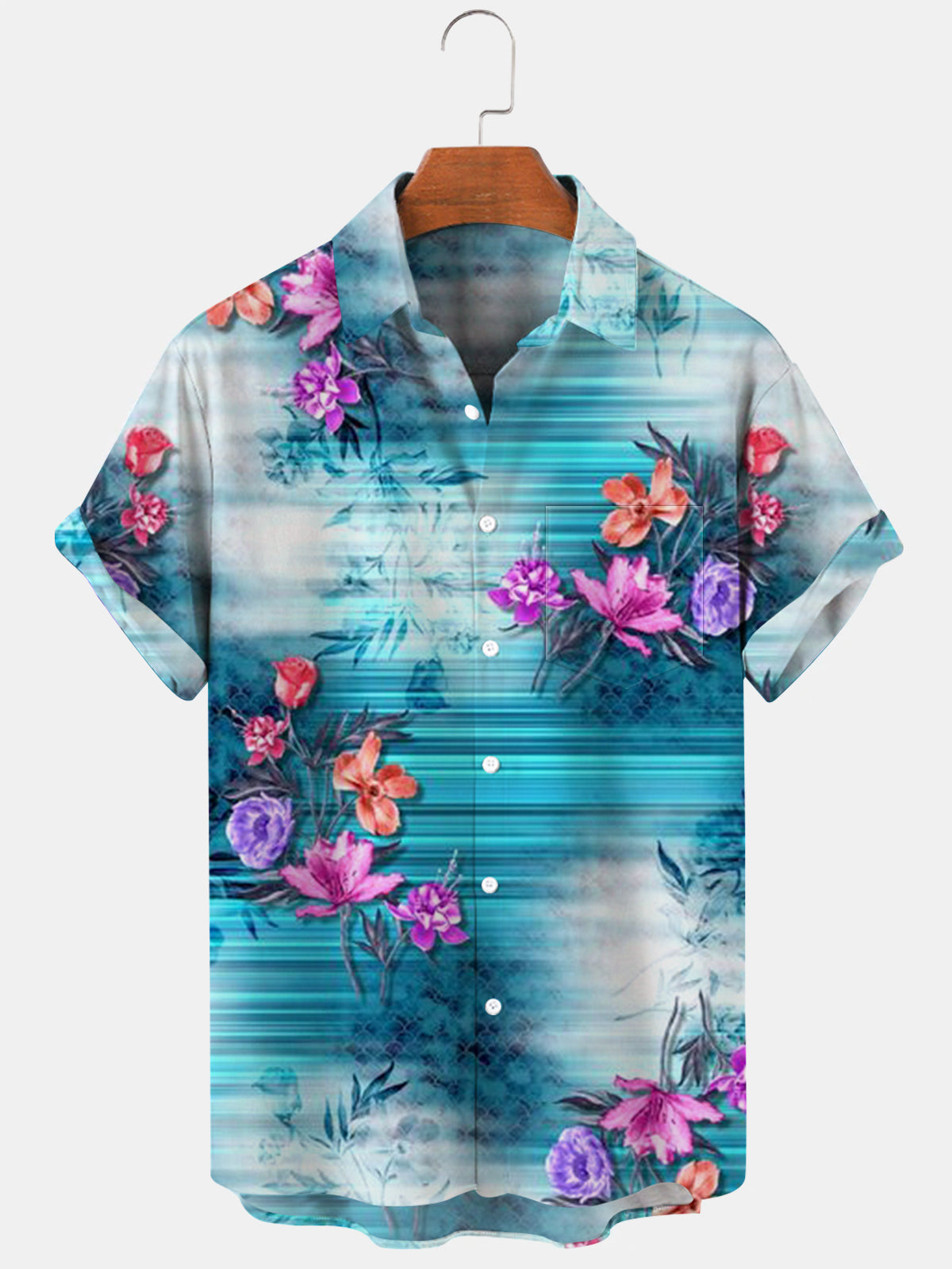 Gradient Floral Print Short Sleeve Men's Shirts With Pocket