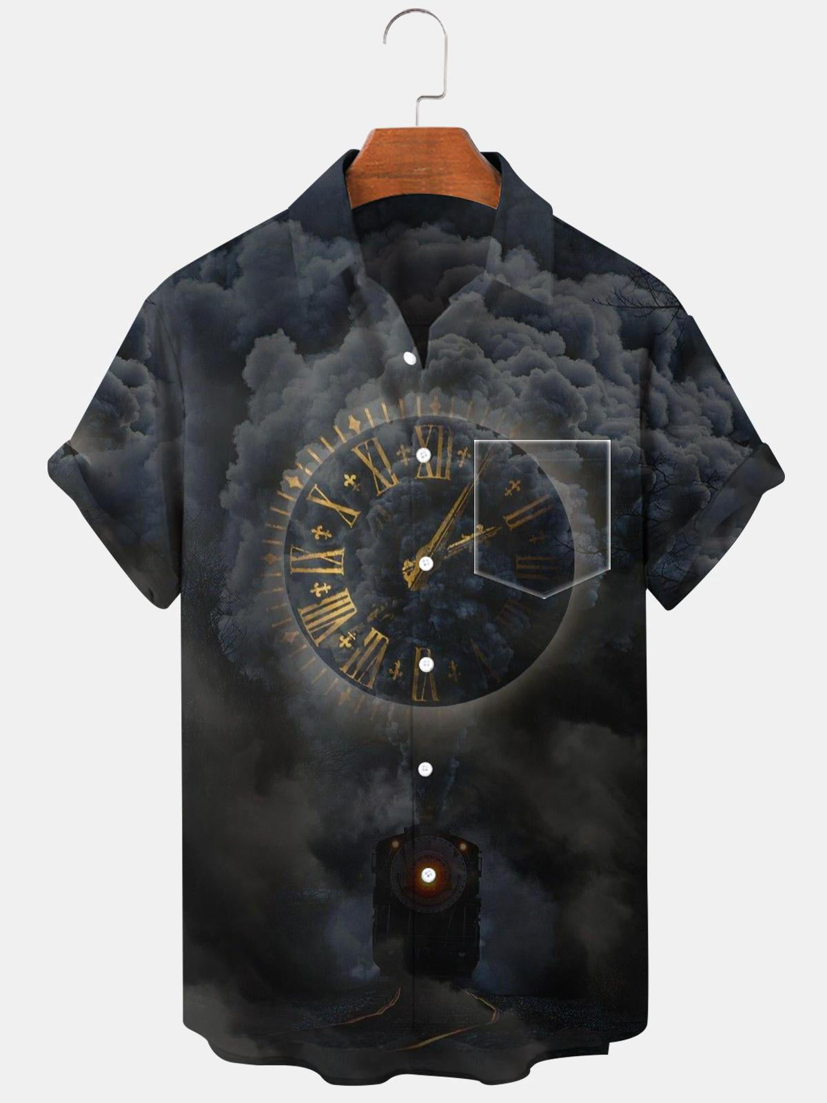 Train Clock Short Sleeve Men's Shirts With Pocket