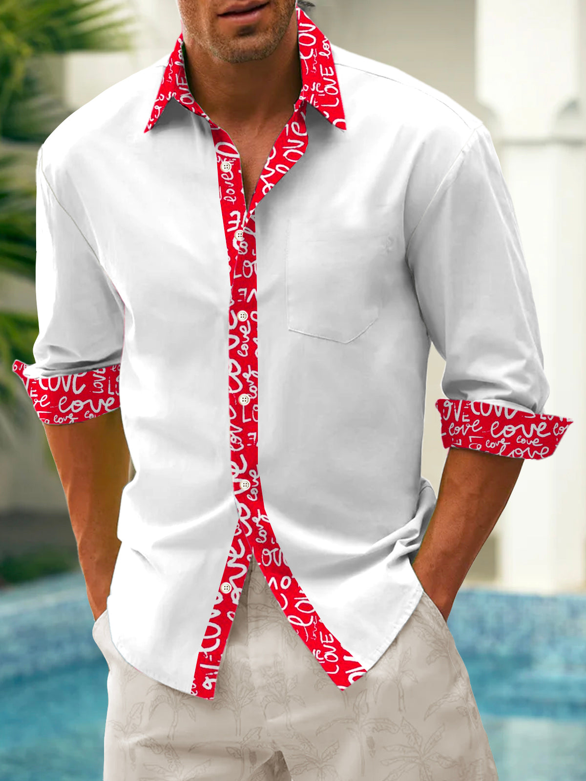 Valentine's Day Love Long Sleeve Men's Shirts With Pocket