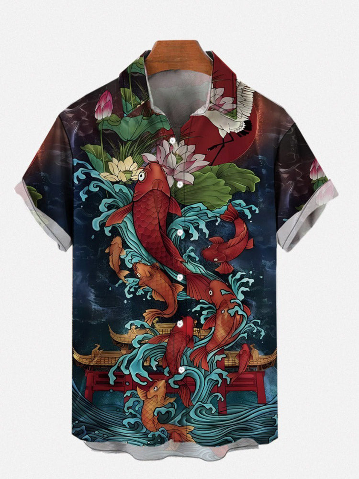 Oriental Art Carp Jumping Over The Dragon Gate Carps And Lotus Flowers Short Sleeve Men's Shirts With Pocket