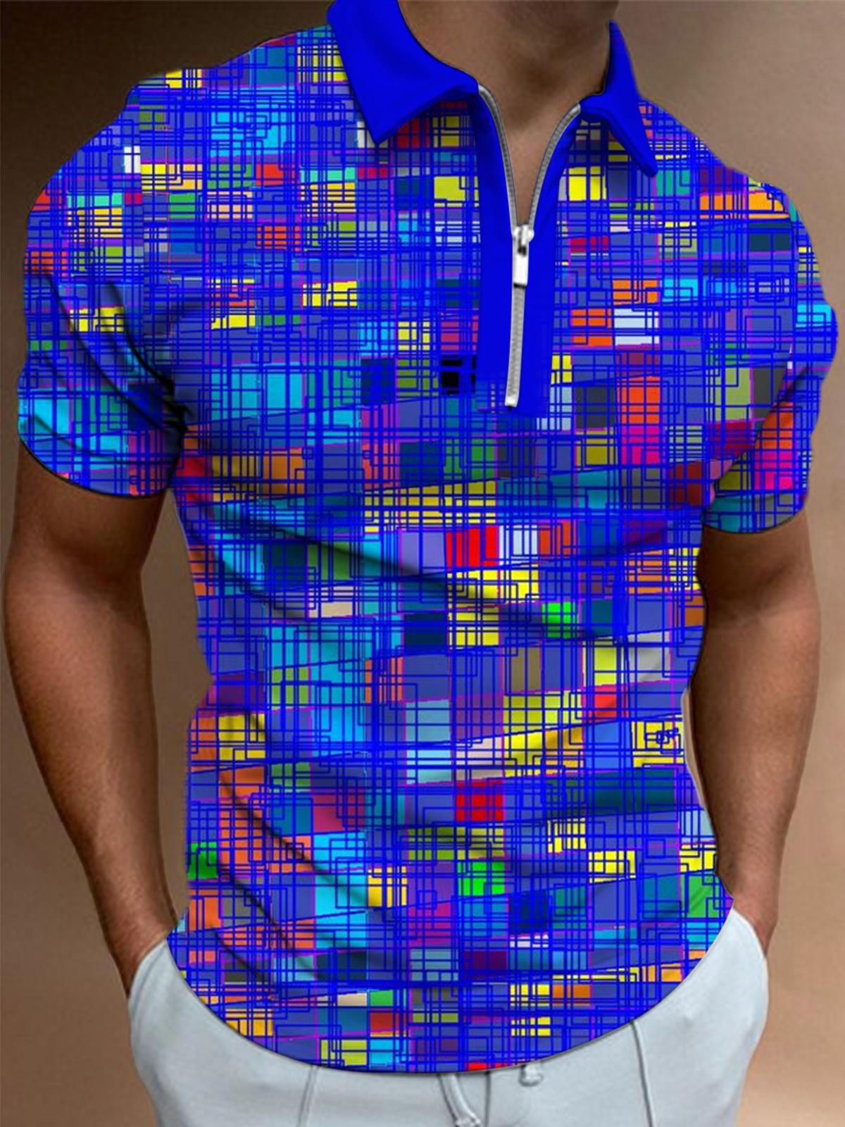 Geometric Print Men's Short Sleeve Zipper Polo