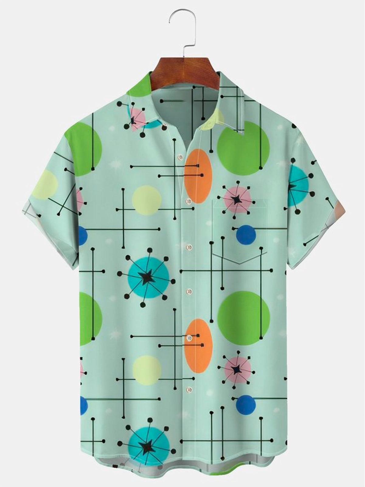 Kurzarmhemden für Herren im Vintage-Stil mit geometrischem Atomic-Print und Tasche