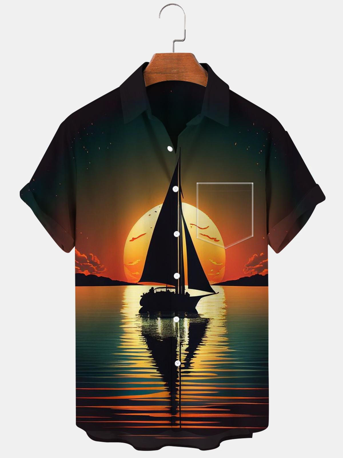 Boat Sunset Kurzarm Herrenhemden mit Tasche