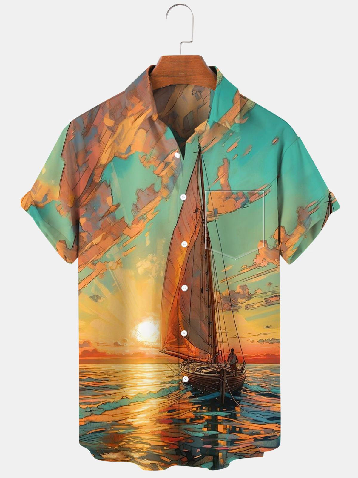 Sea Boat Sunset Herrenhemden mit Tasche