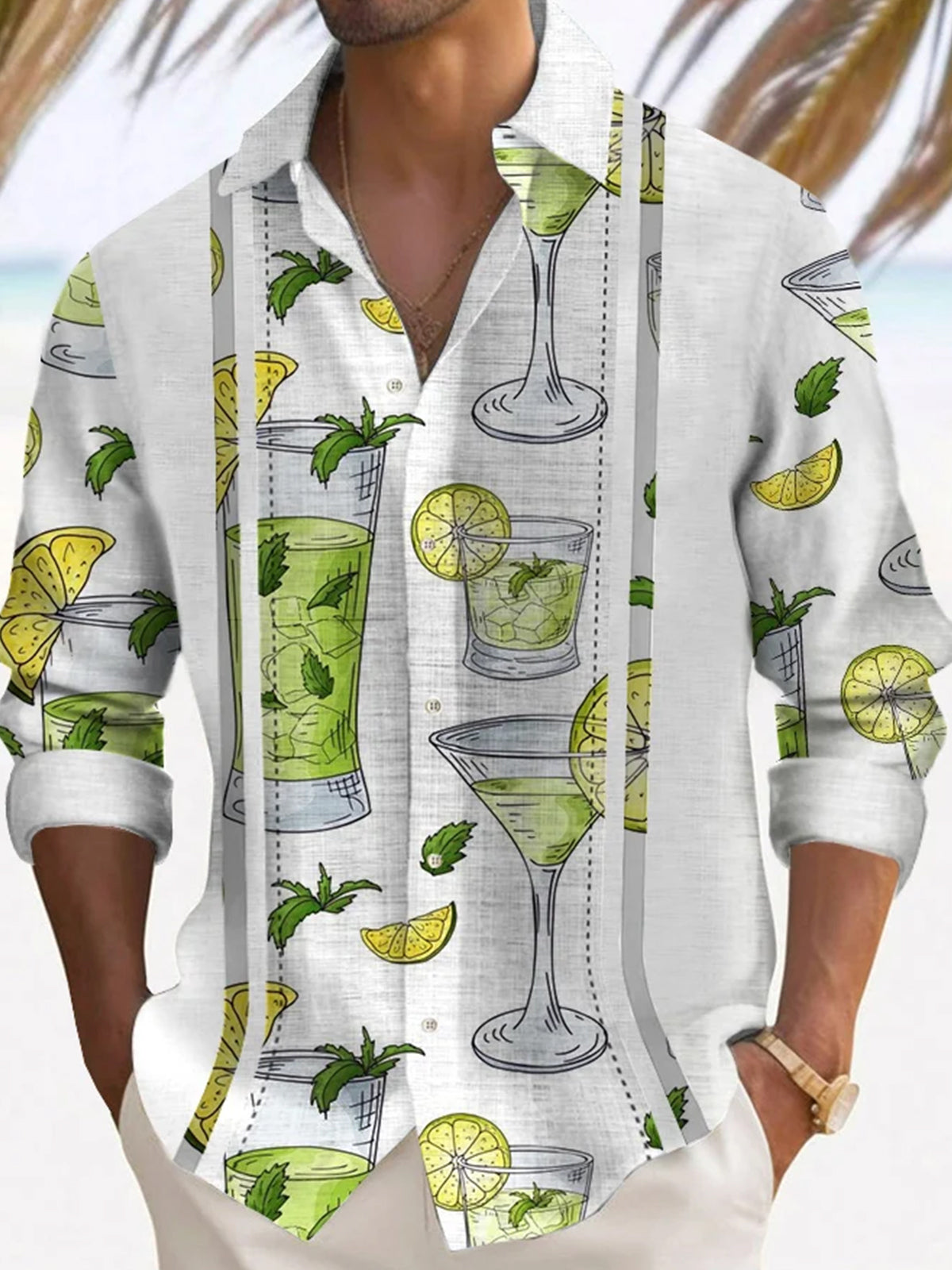 Resort Style Drink Print Men's Long Sleeve Lapel Shirt