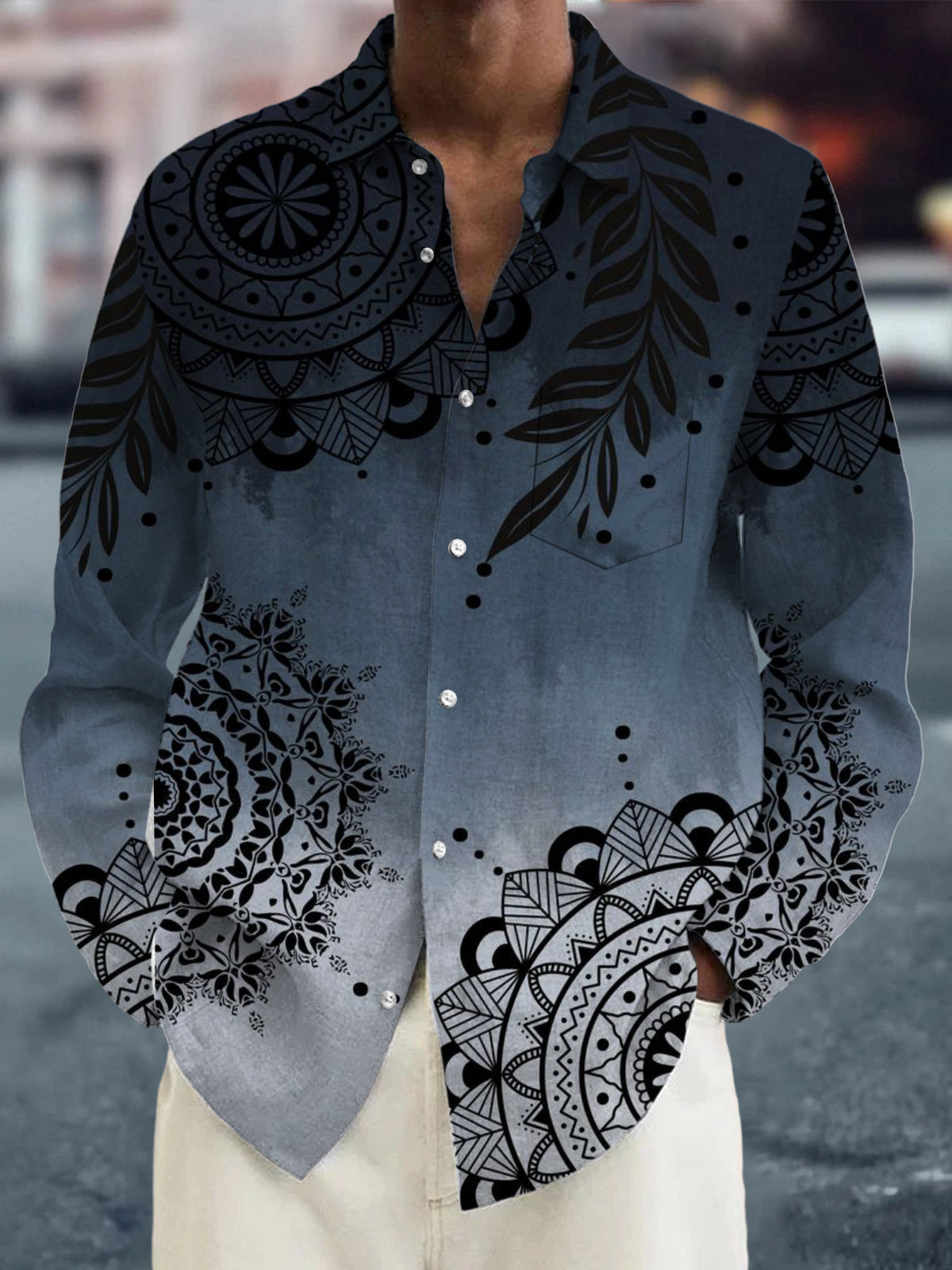 Retro Ethnic Gradient Print Long Sleeve Men's Shirts With Pocket