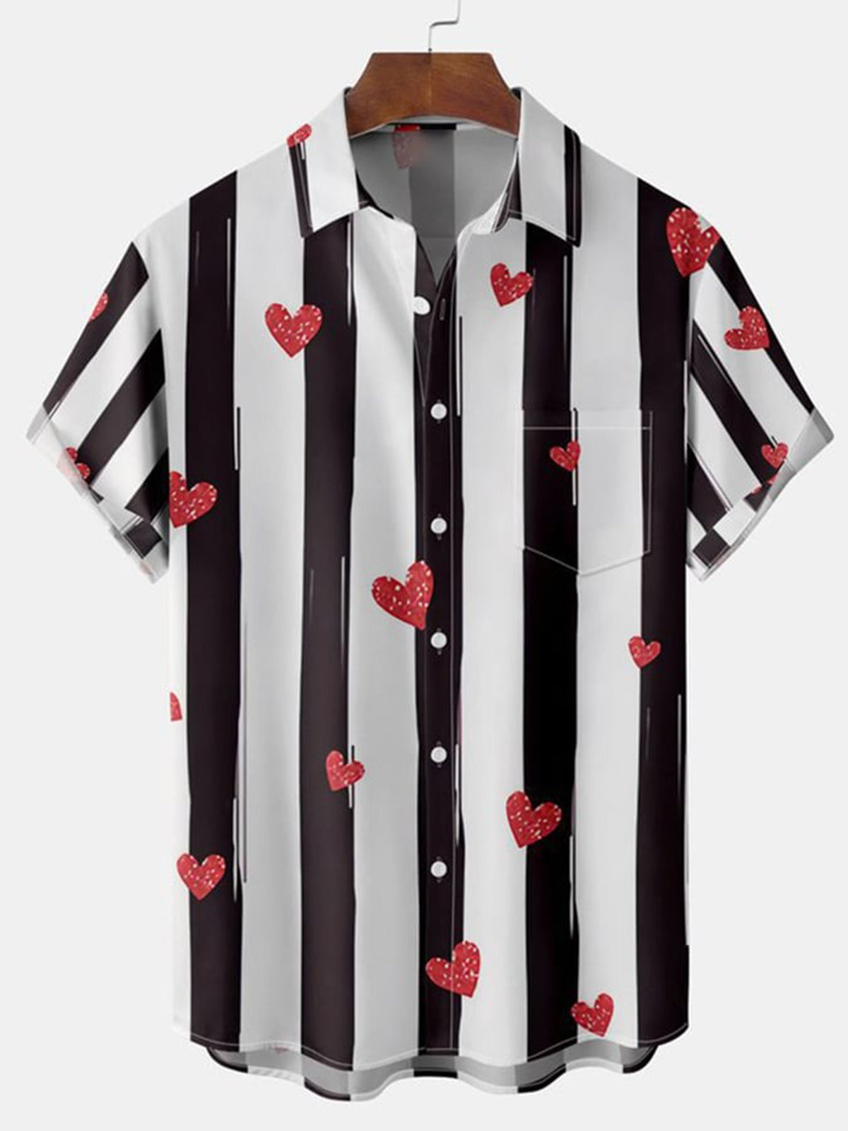 Heart Pattern Contrast Stripes Short Sleeve Men's Shirts With Pocket