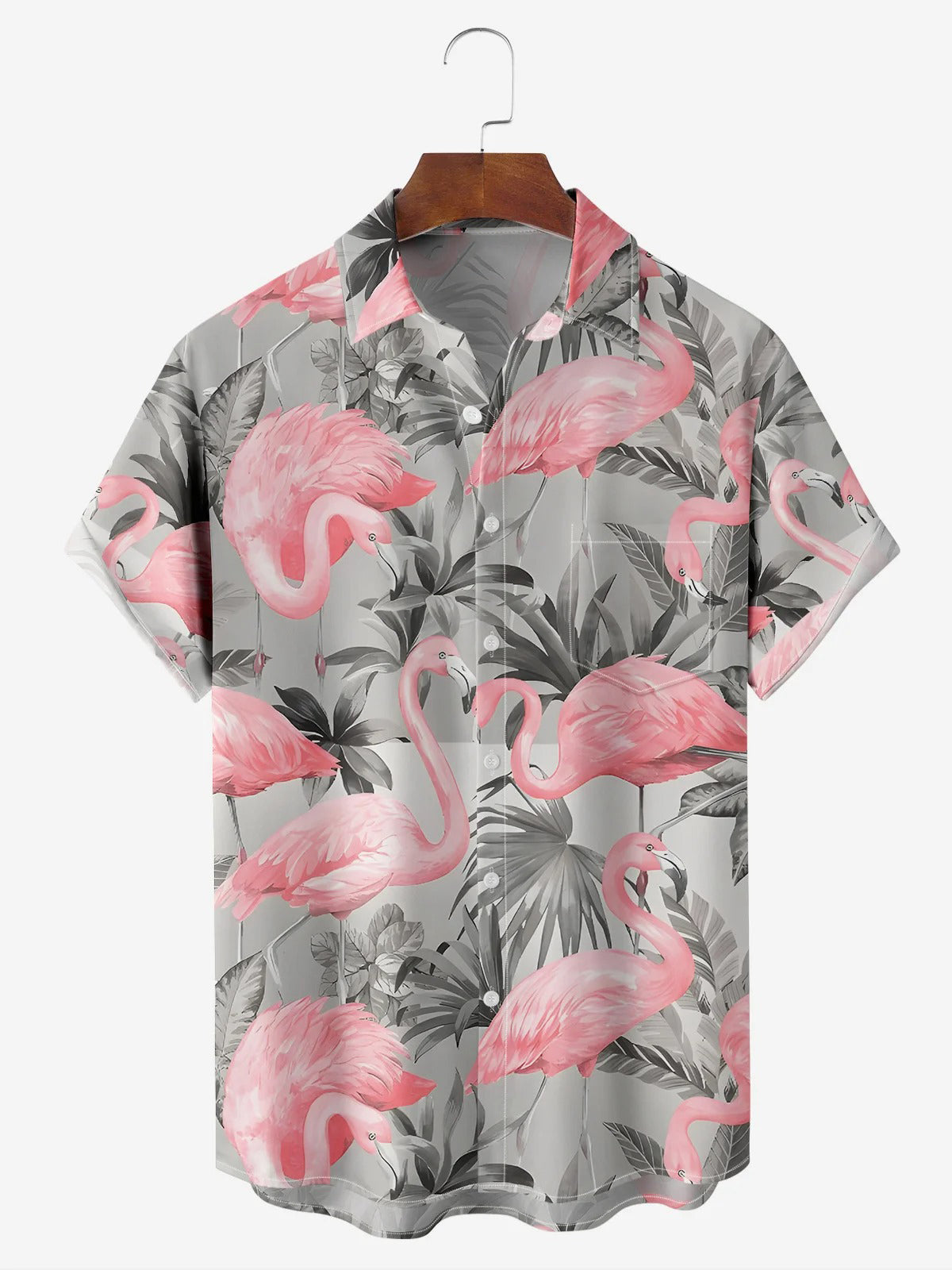 Lässiges Hawaii-Kurzarmhemd für Herren mit Flamigo-Print und Tasche