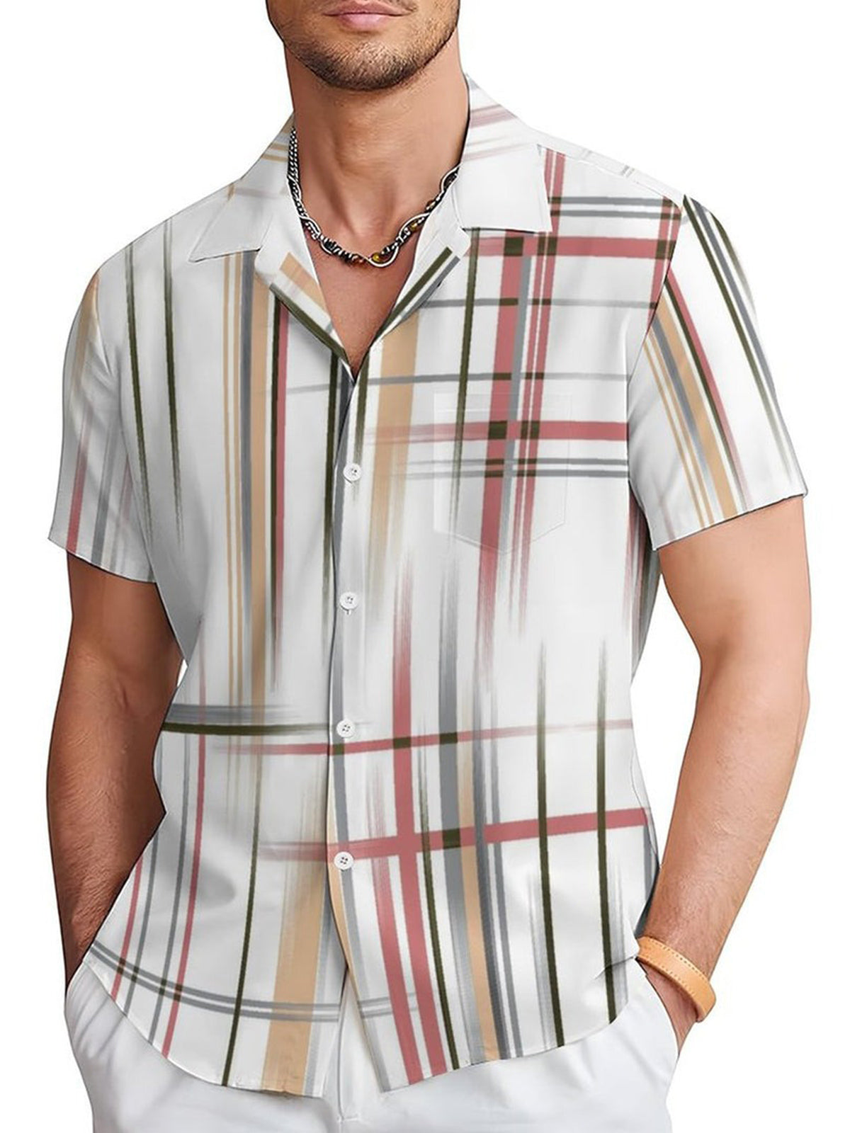 Gradient Stripe Casual Short Sleeve Men's Shirts With Pocket