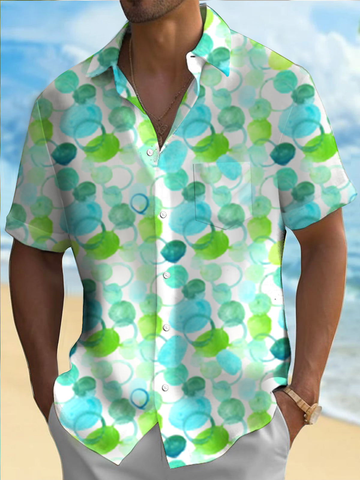 Geometric Print Short Sleeve Men's Shirts With Pocket