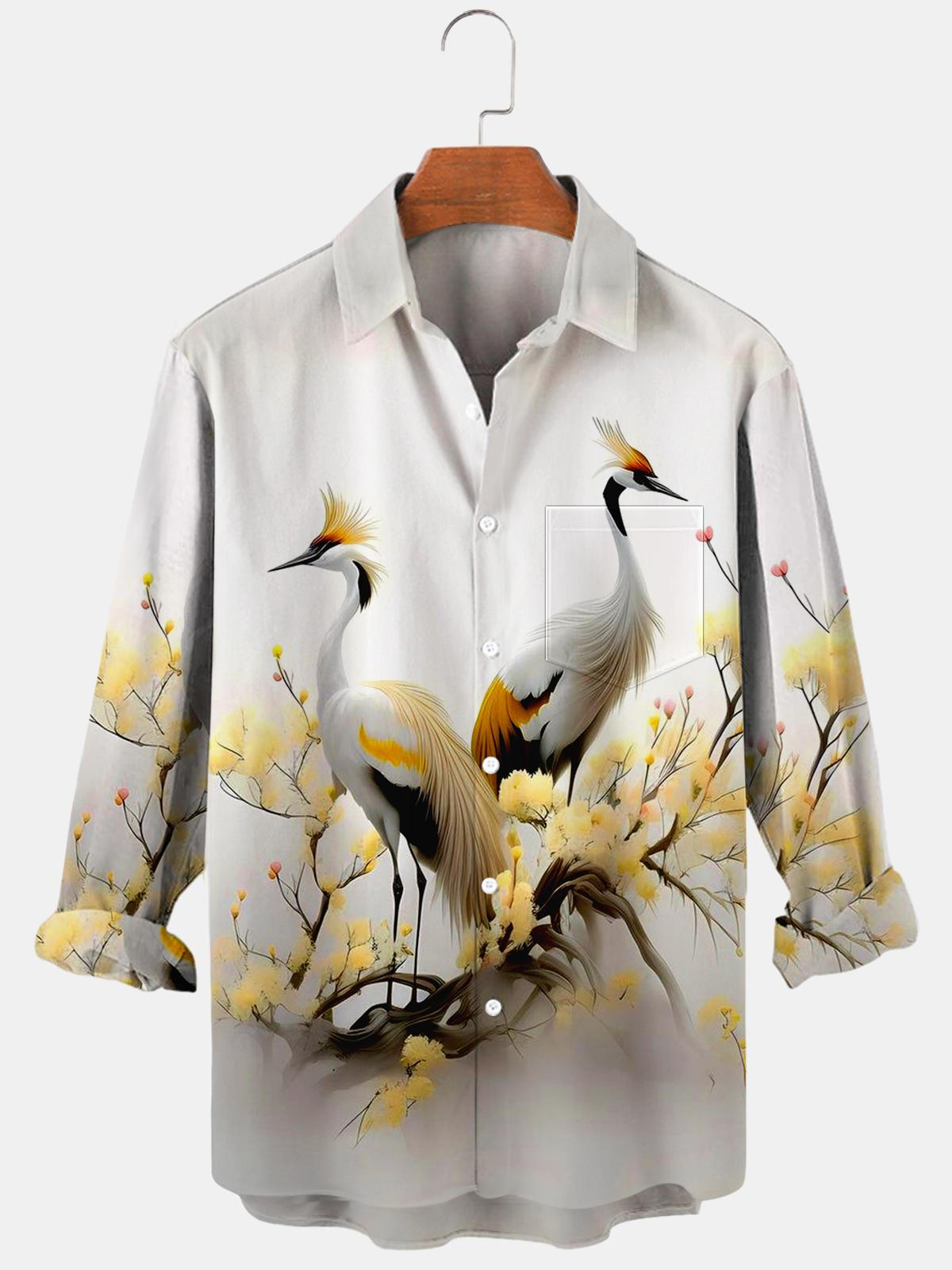 White Crane Flower Long Sleeve Men's Shirts With Pocket