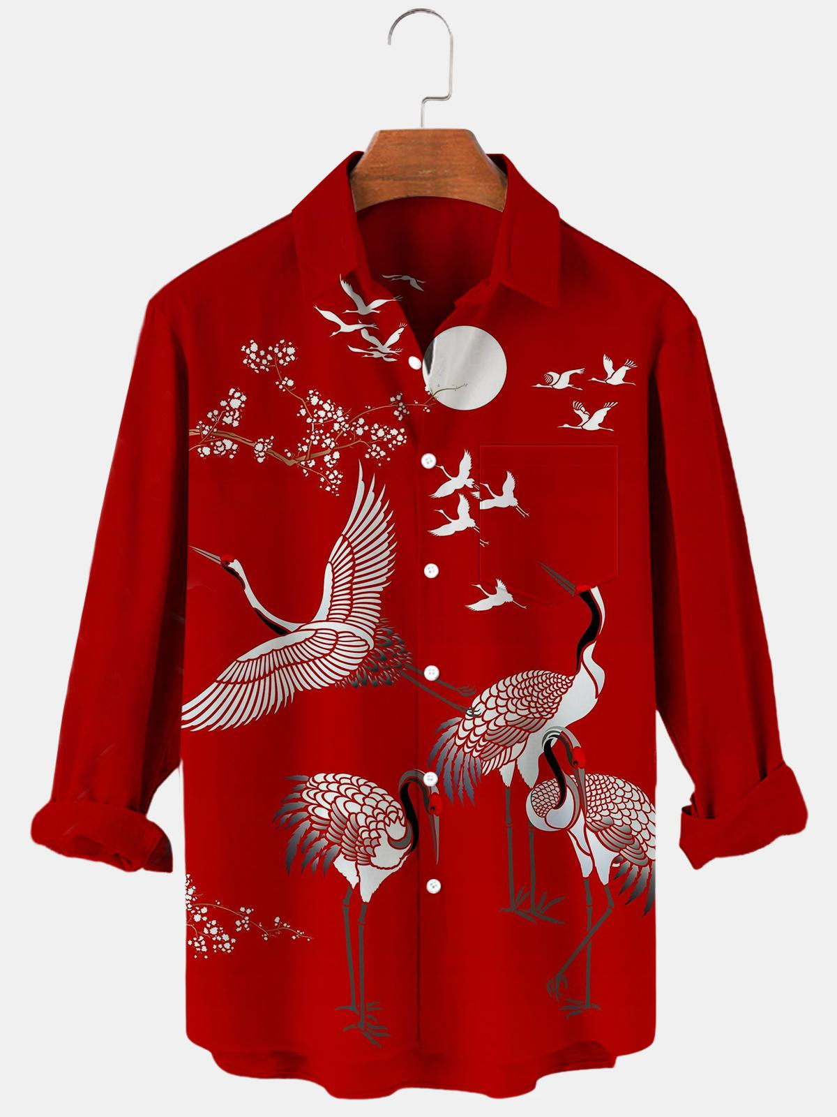 White Crane Moon Flower Long Sleeve Men's Shirts With Pocket