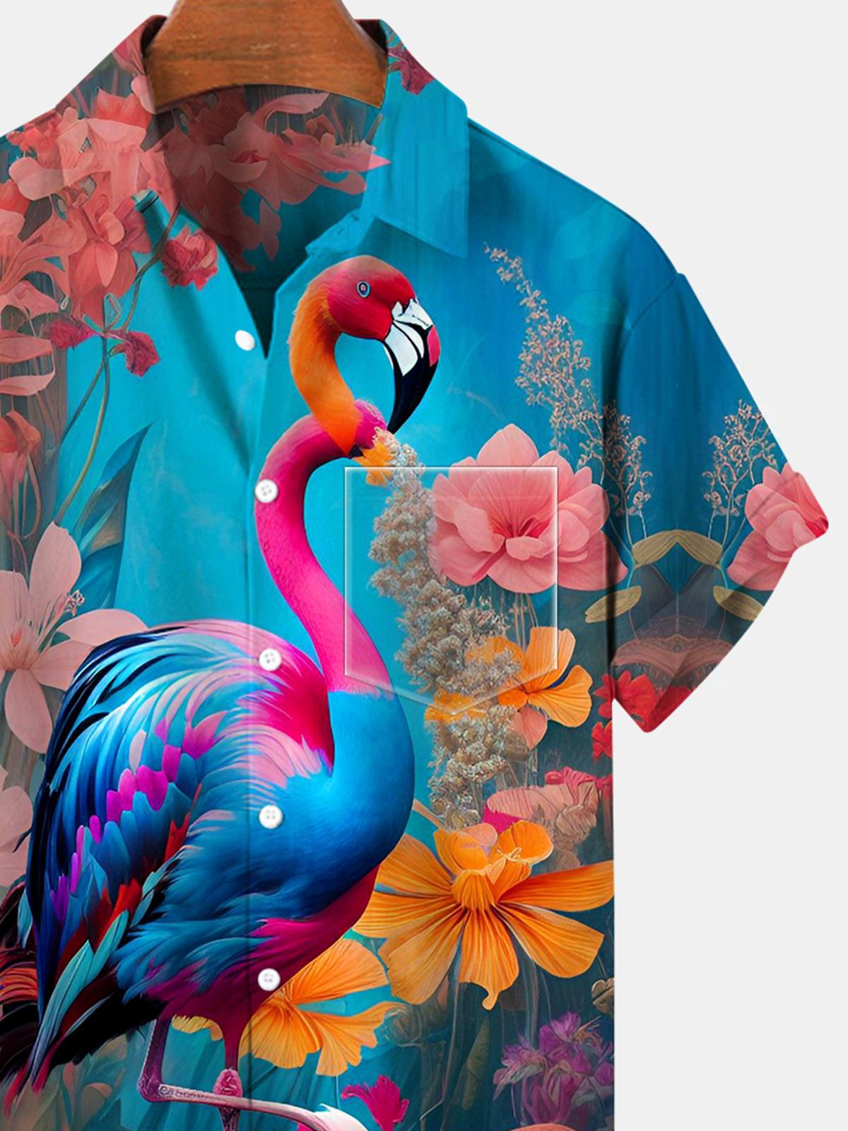 Flamingo Flower Short Sleeve Men's Shirts With Pocket