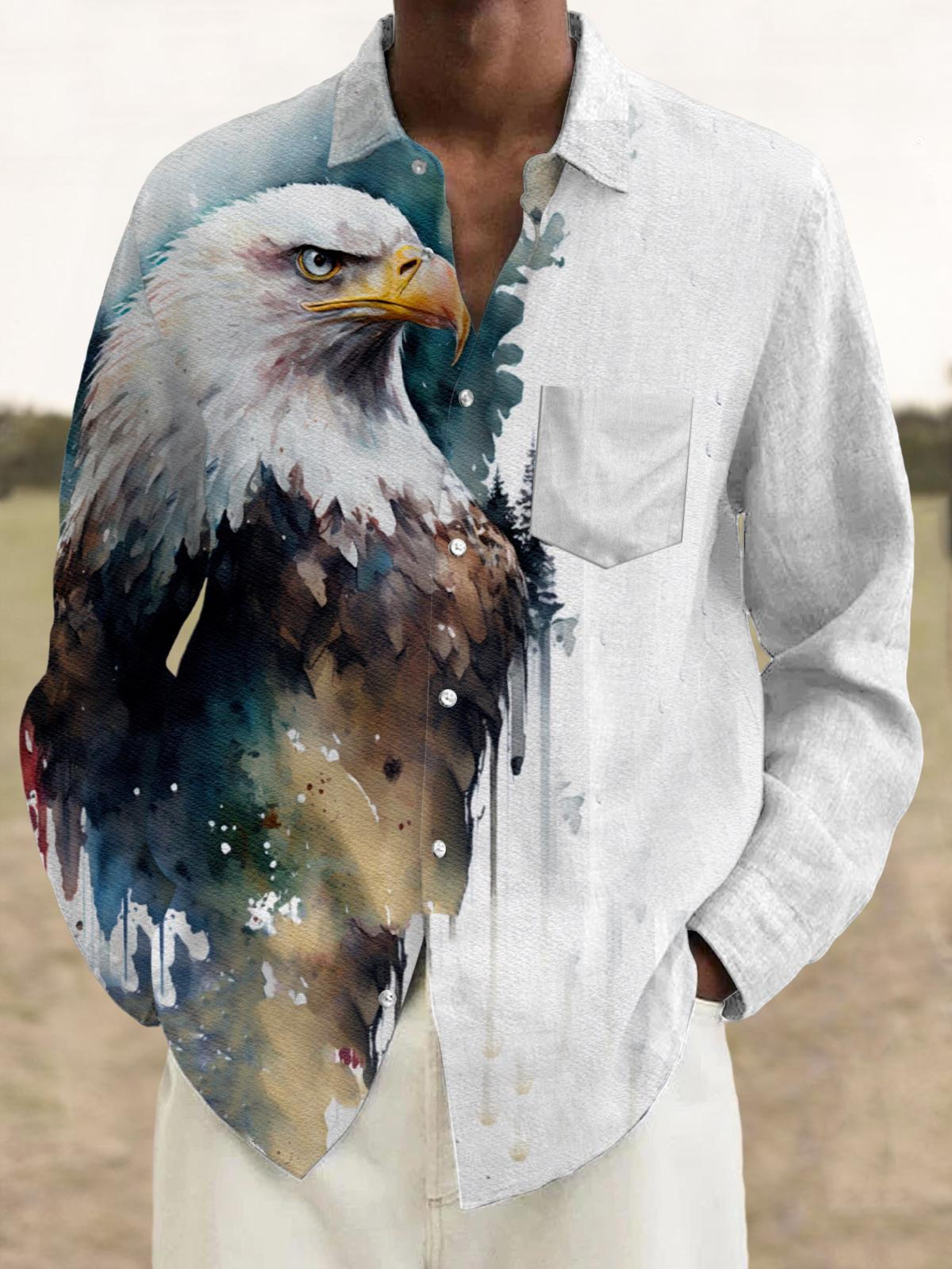 Men's Bald Eagle Print Long Sleeve Lapel Shirt