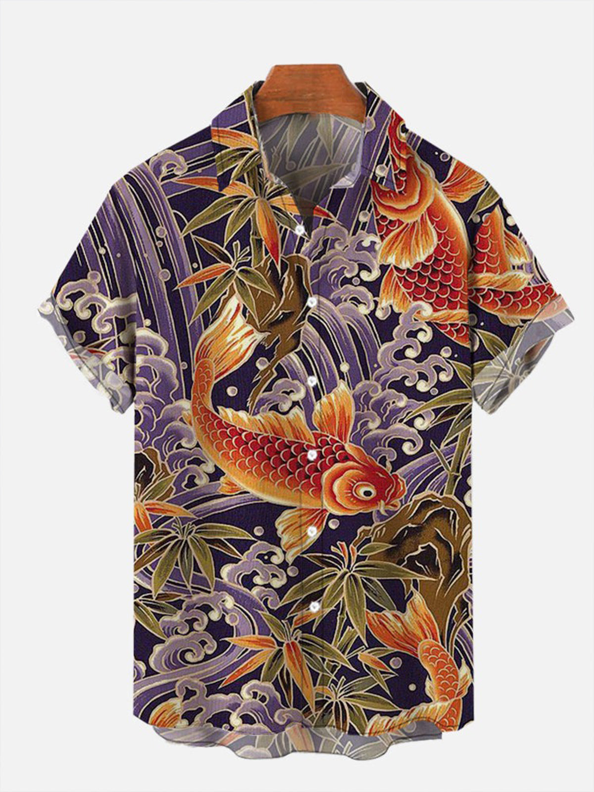 Ukiyoe Carp Diving Printing Hawaiian Short Sleeve Men's Shirts With Pocket