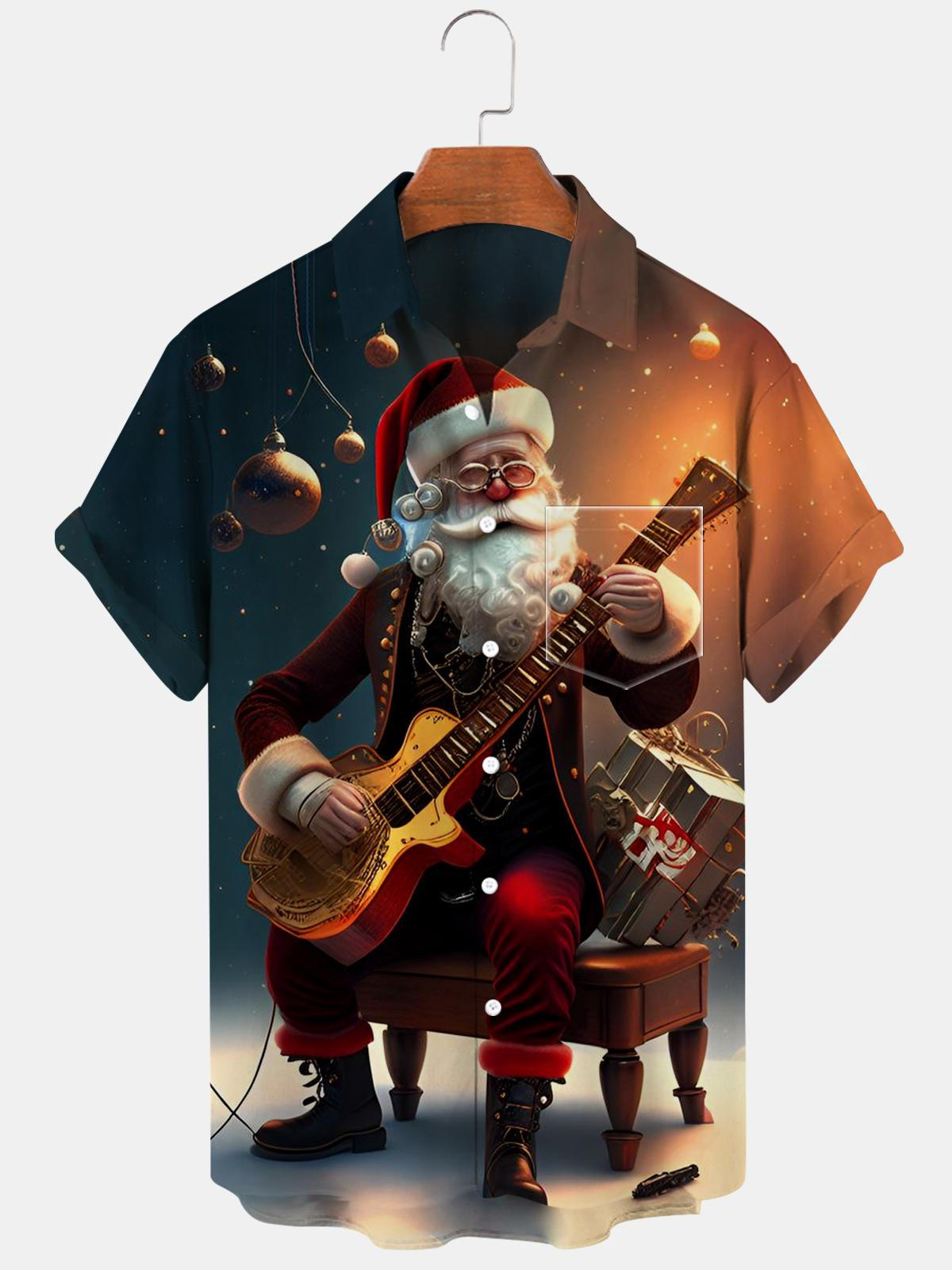 Weihnachten Weihnachtsmann Gitarre Kurzarm Herrenhemden mit Tasche