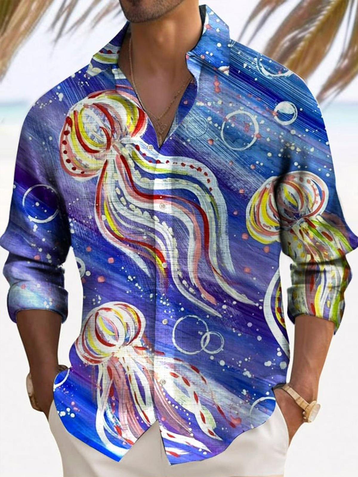 Marine Life Print Long Sleeve Shirt Collar Men's Shirts