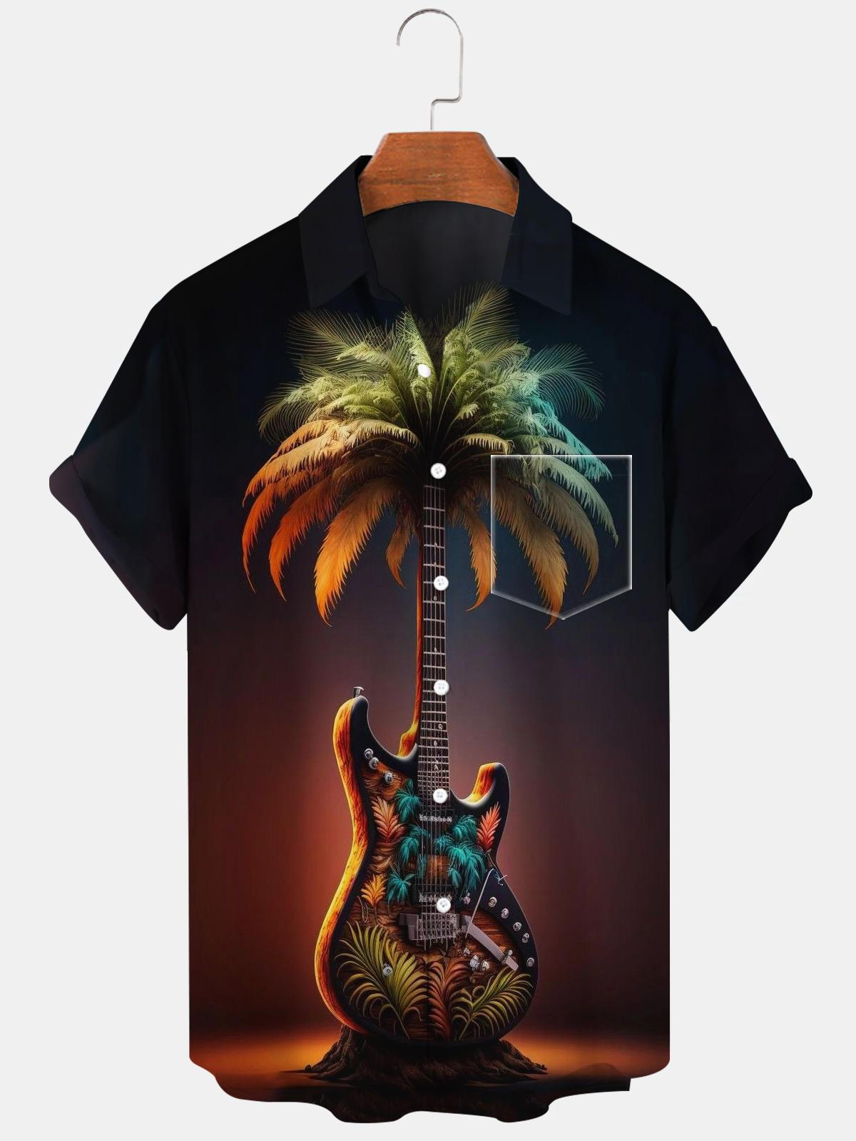 Guitar Coconut Tree Men's Shirts With Pocket