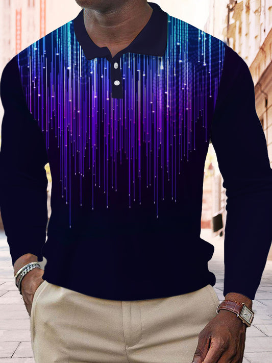 Abstract Line Print Men's Long Sleeve Button Polo